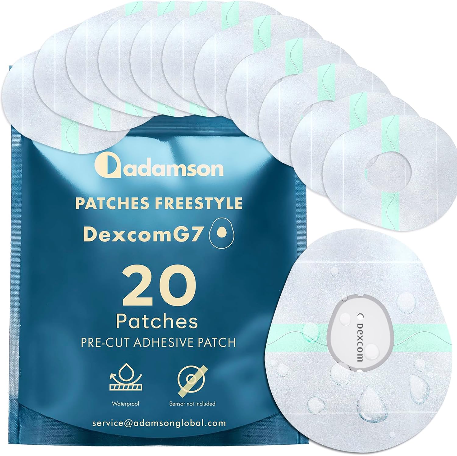 Adamson G7 Patches – 20 x Adhesive Patches for Dexcom G7 Waterproof, Transparent, Long-Lasting, No Glue on Center, Non-Irritating, Easy to Apply and Remove – Ideal for Sports, Swimming, and Daily Use