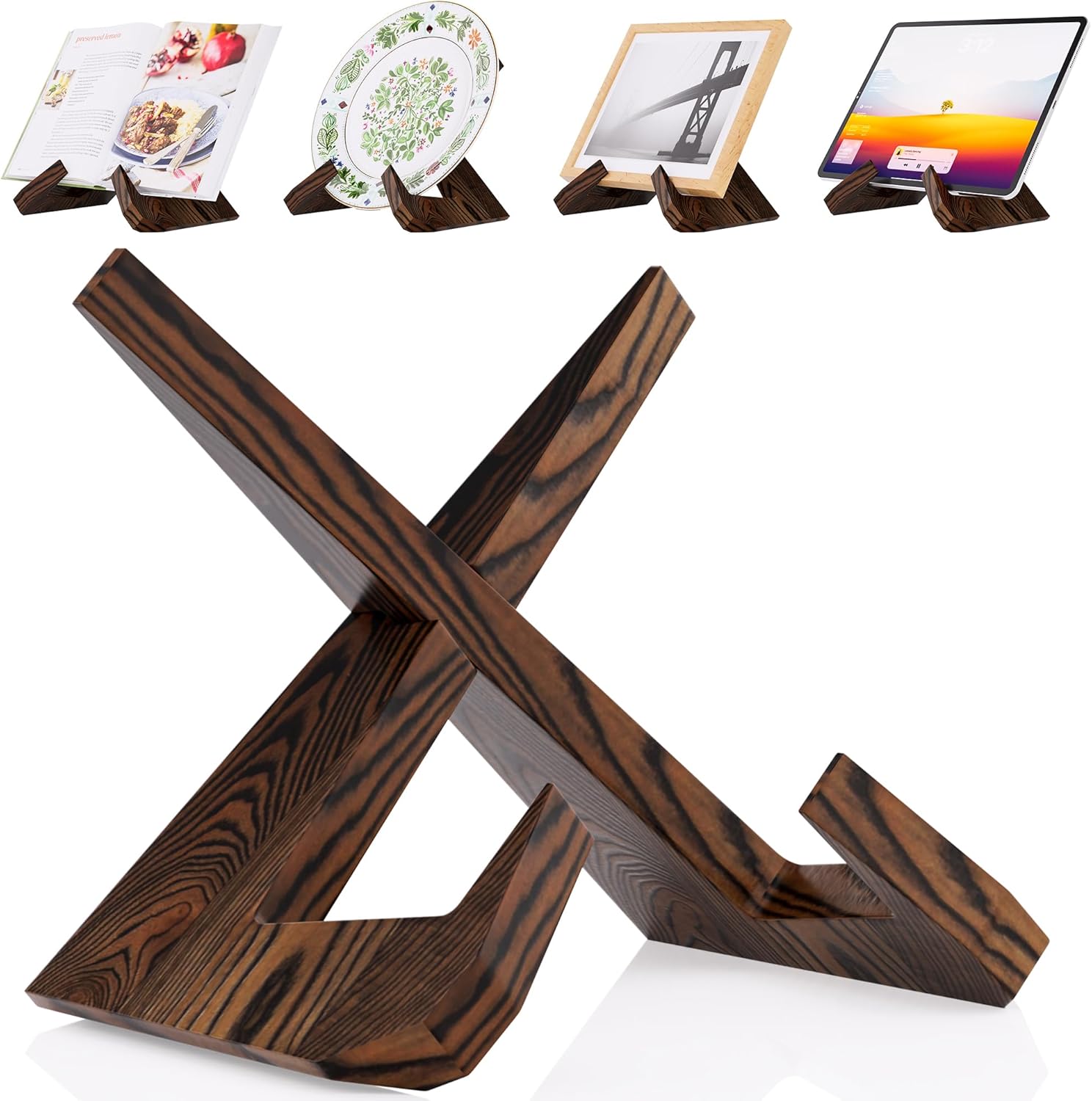 Cookbook Stand for Kitchen, Wooden Cook Book Holder, Recipe Book Stand for Kitchen Counter, Rustic Plate Holder Stand, Gifts(Rustic Brown)