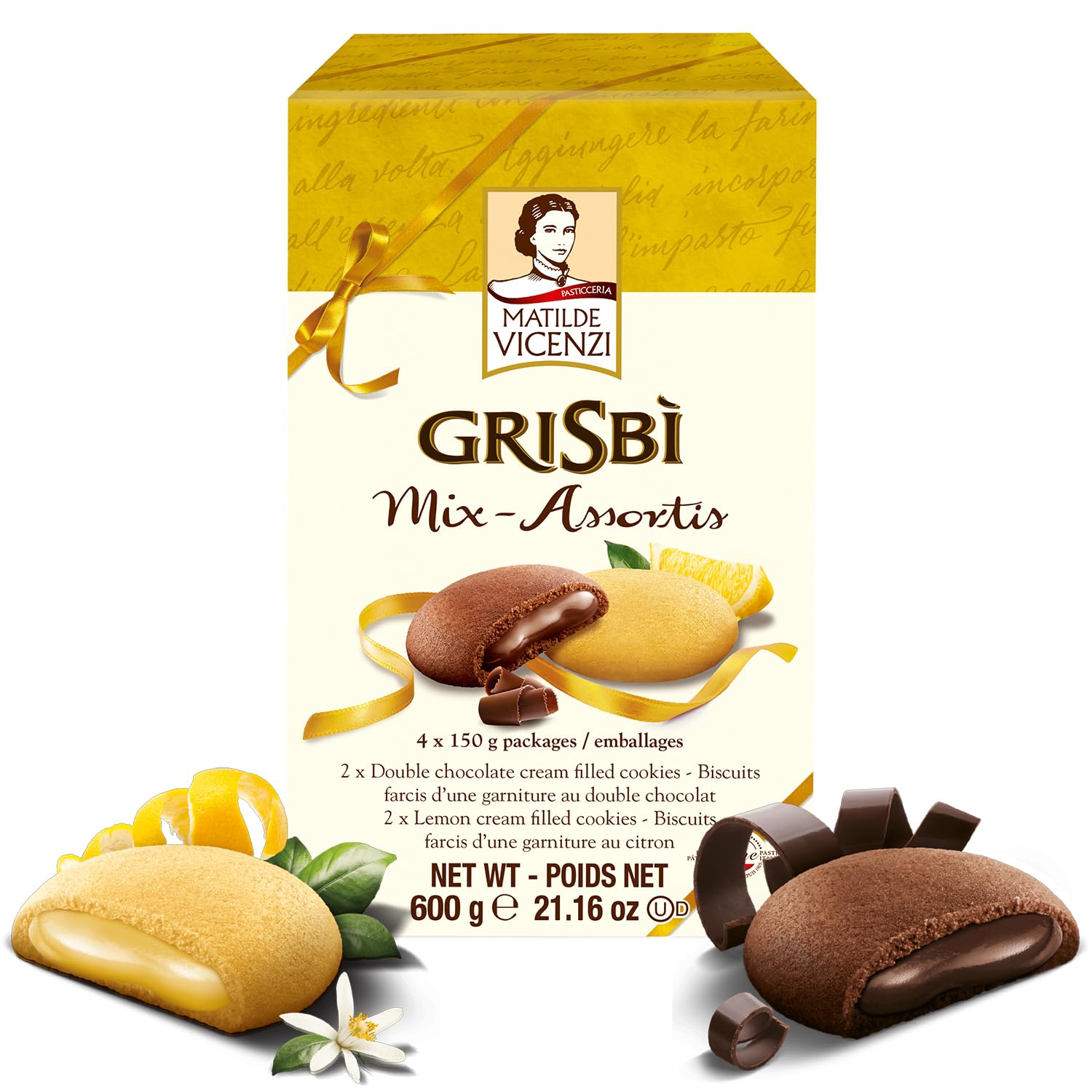Matilde Vicenzi Grisbi Assorted Chocolate & Lemon Cream Filled Cookies, Cream Stuffed Patisserie Pastry Cookie, All-Natural, Kosher Dairy, Made in Italy, 21.16 oz Box (600g)