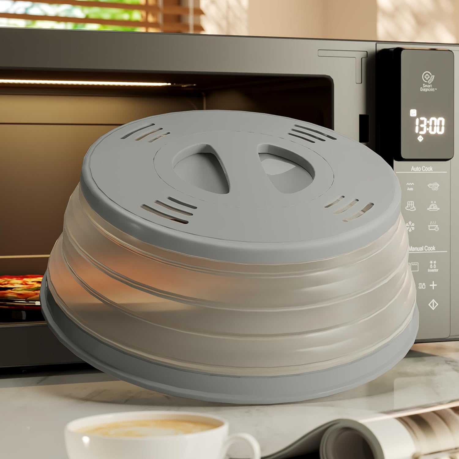 Magnetic Microwave Covers for Food, Collapsible Microwave Splatter Cover 11”-12” Microwave Splatter Guard with Easy Grip Handle, Microwave Plate Cover with Steam Vents for Heating - Grey