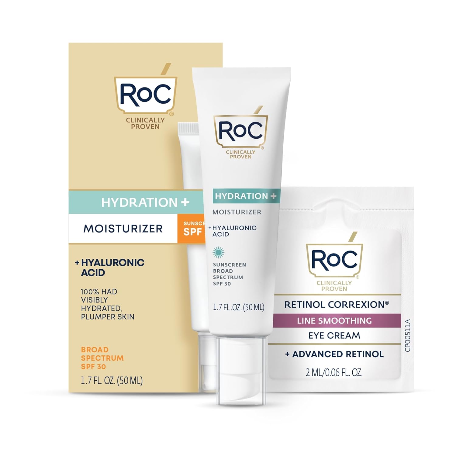 RoC Multi Correxion 1.5% Pure Hyaluronic Acid Anti Aging Daily Face Moisturizer with Broad Spectrum Sunscreen SPF 30 (1.7 oz) with Retinol Eye Cream Packette (Packaging May Vary)