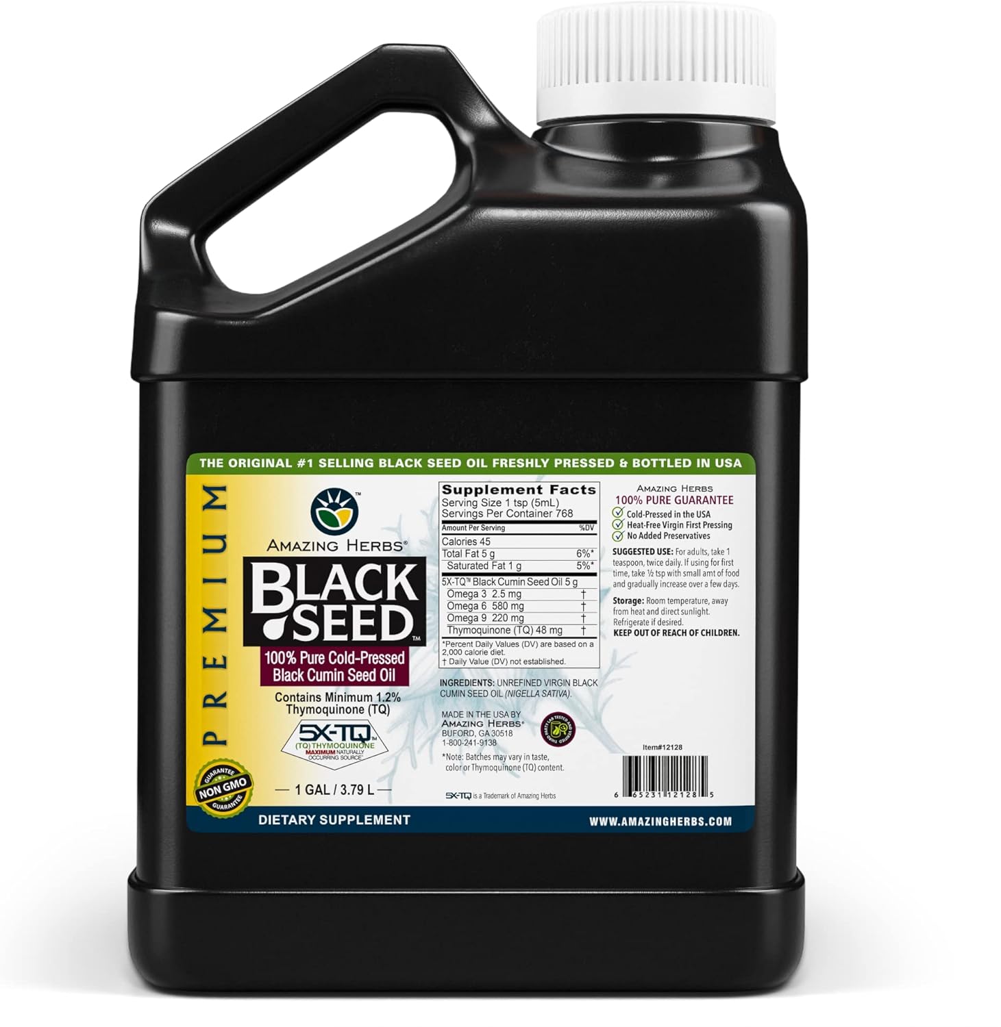 Amazing Herbs Premium Black Seed Oil - Gluten Free, Non GMO, Cold Pressed Nigella Sativa Aids in Digestive Health, Immune Support, Brain Function - 128 Fl Oz