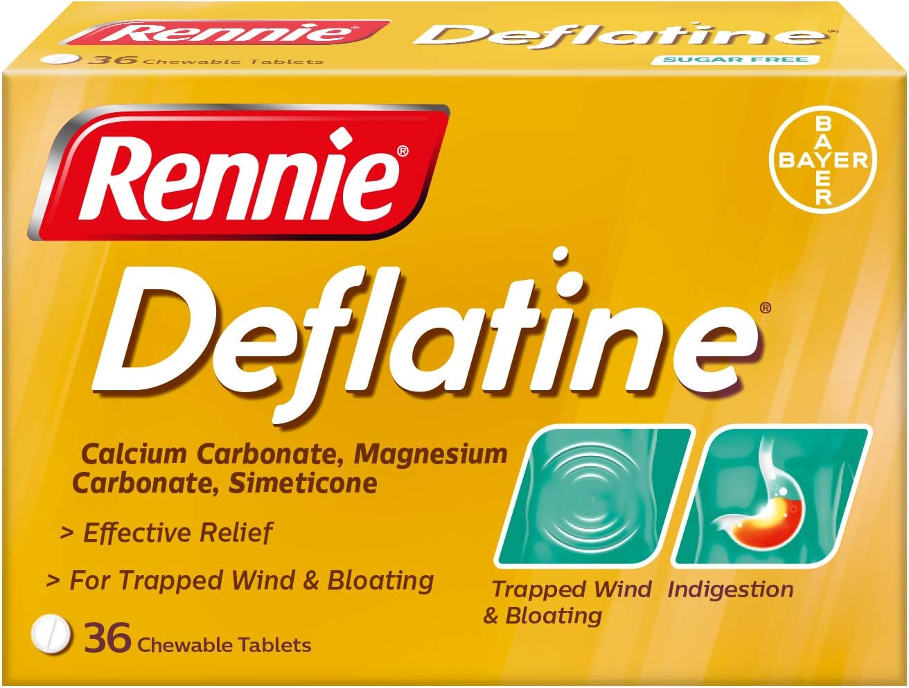 Rennie Deflatine Trapped Wind & Bloatedness Relief Tablets Sugar-Free Mint - 36 Tablets