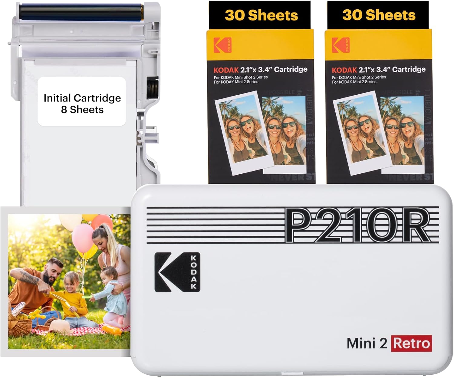 KODAK Mini 2 Retro 4PASS Portable Photo Printer (2.1x3.4 inches) Initial 8 Sheets + 60 Sheets Pack Bundle, White