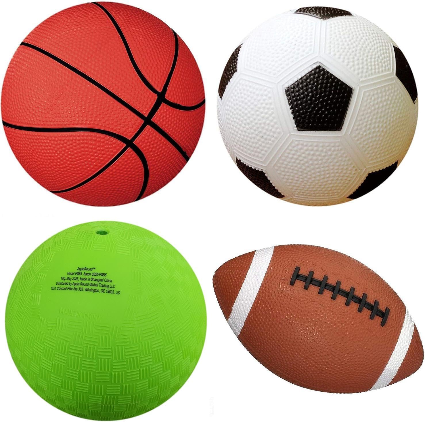 AppleRound 4-Pack Sports Balls for Toddlers & Kids with Pump – 5-Inch Soccer Ball, Basketball, Playground Ball & 6.5-Inch Football – Soft Small Balls for Indoor/Outdoor Play (Ages 2-7)