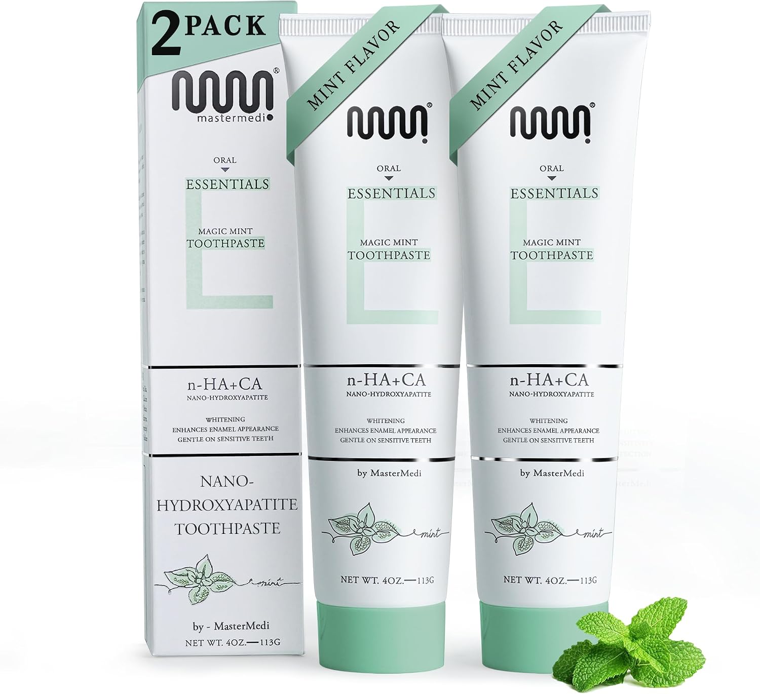 MasterMedi Nano Hydroxyapatite Toothpaste with Xylitol – Fluoride & SLS Free, Remineralizing Formula for Whitening, Sensitive Teeth, Enamel Repair & Strength, Magic Mint, 4 oz (Pack of 2)