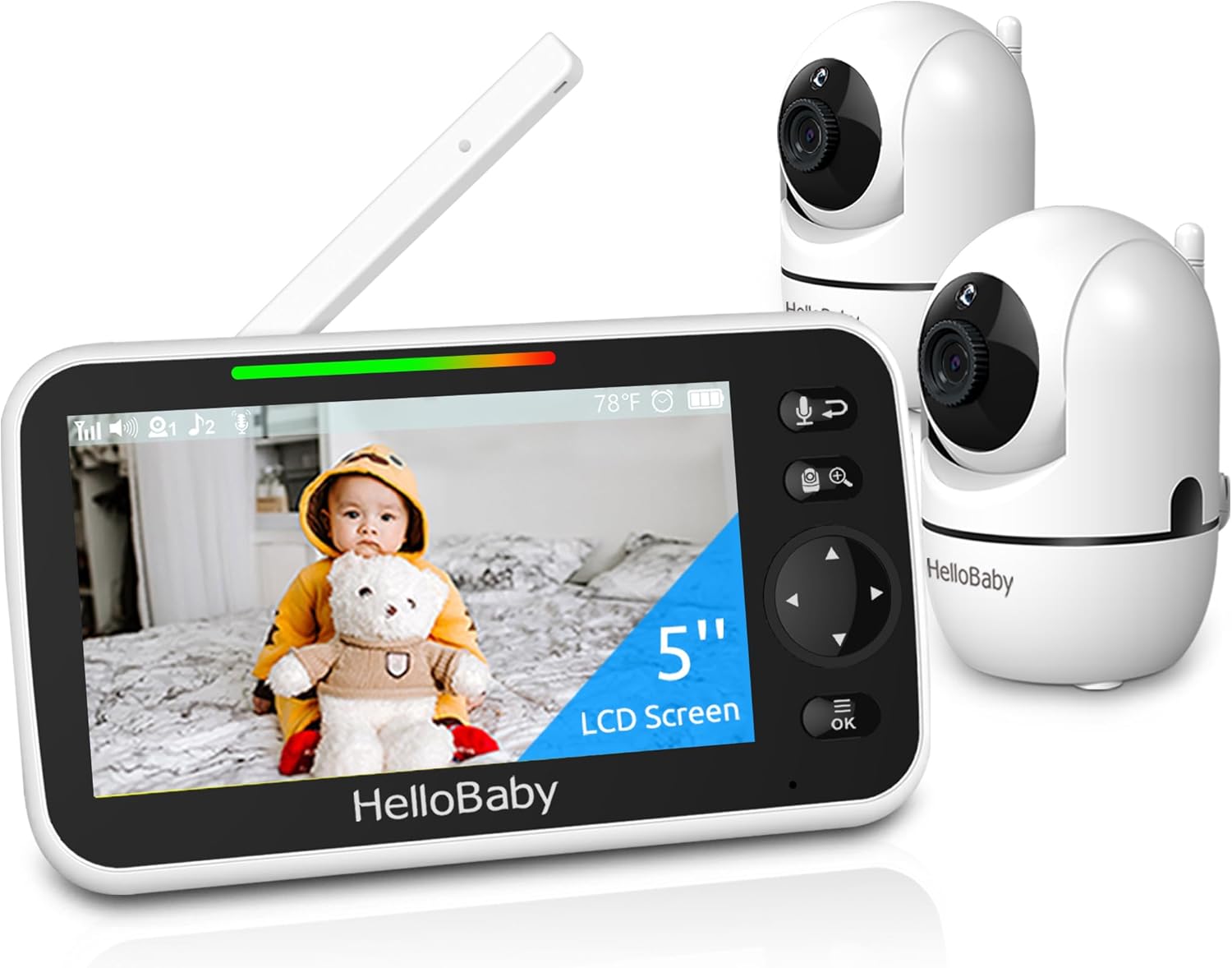 HelloBaby 5’’ Baby Monitor with 26-Hour Battery, 2 Cameras Pan-Tilt-Zoom, 1000ft Range Video Audio Baby Monitor No WiFi, VOX, Night Vision, 2-Way Talk, 8 Languages and Baby Registry Search
