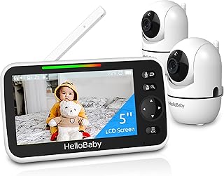 HelloBaby 5’’ Baby Monitor with 26-Hour Battery, 2 Cameras Pan-Tilt-Zoom, 1000ft Range Video Audio Baby Monitor No WiFi, VOX, Night Vision, 2-Way Talk, 8 Languages and Baby Registry Search