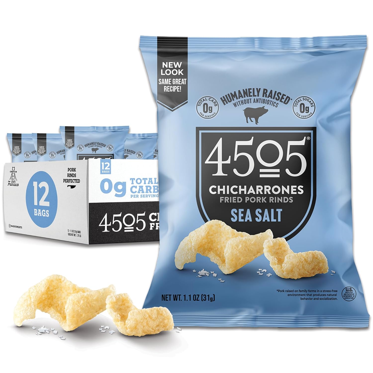 4505 Sea Salt Seasoned Chicharrones, Fried Pork Rinds - Sea Salt Flavored Pork Skins - Low Carb, Gluten-Free, Protein Snack - 1.1oz (Pack of 12)