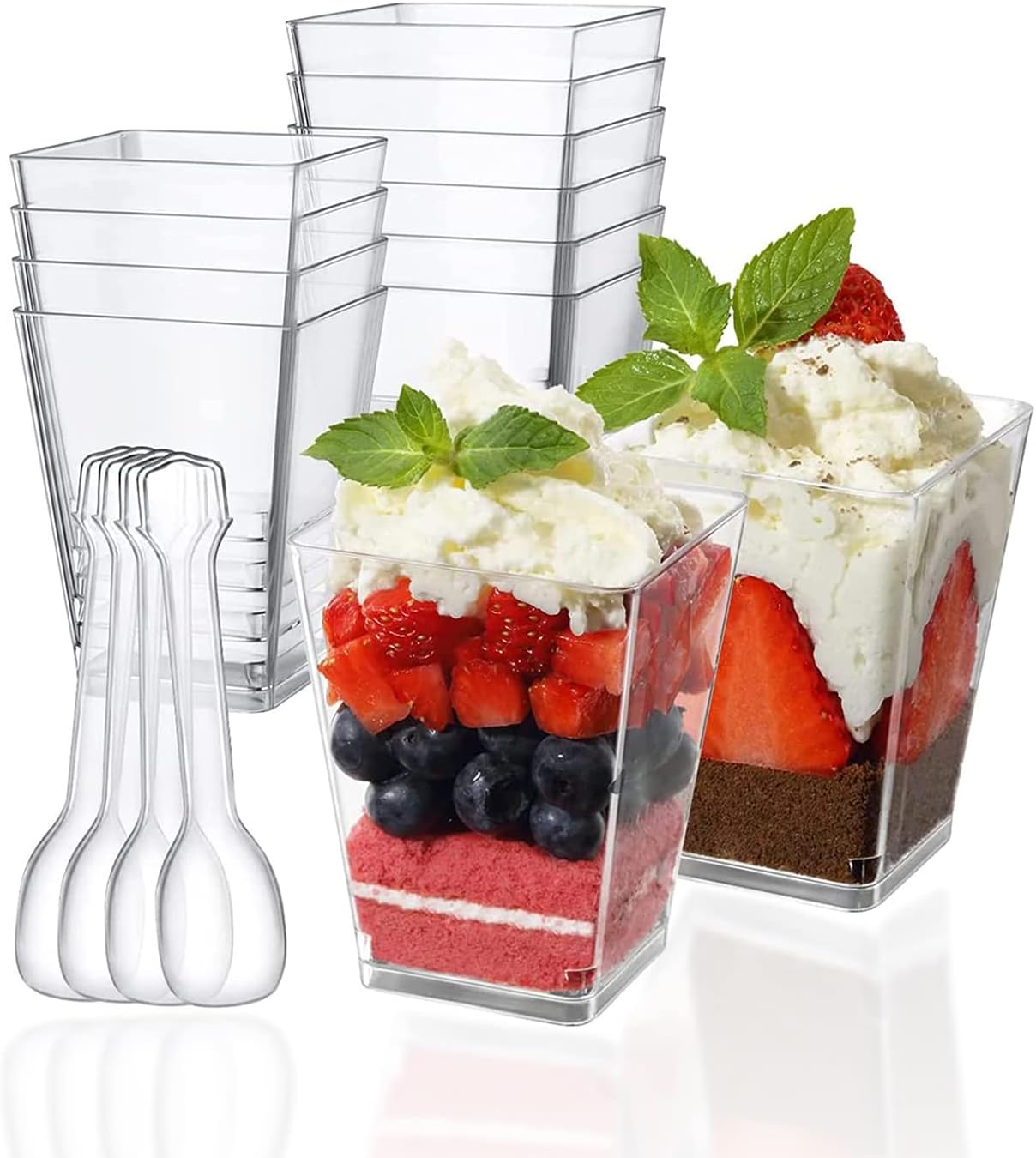 PALUDO 150ml Mini Dessert Cups with Spoons, 50 Pack Reusable Clear Square Plastic Dessert Cups, Cheesecake Pots, Multi-use Serving Dessert Bowls for Mousse Puddings Desserts Party Supplies