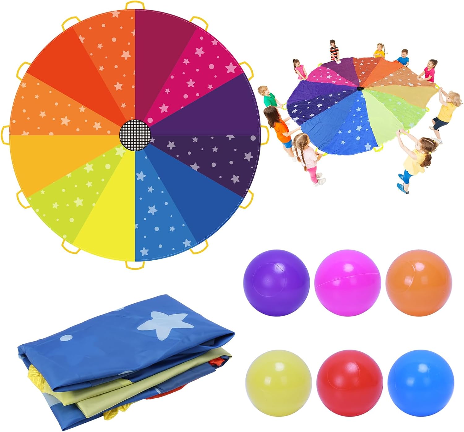DKINY Kids Play Parachute, 8ft Rainbow Parachute Toys with 12 Thrower Balls & Handles, Childrens Outdoor Play Equipment Lawn Games Playground Activities 3 Years + Boys Girls Gift