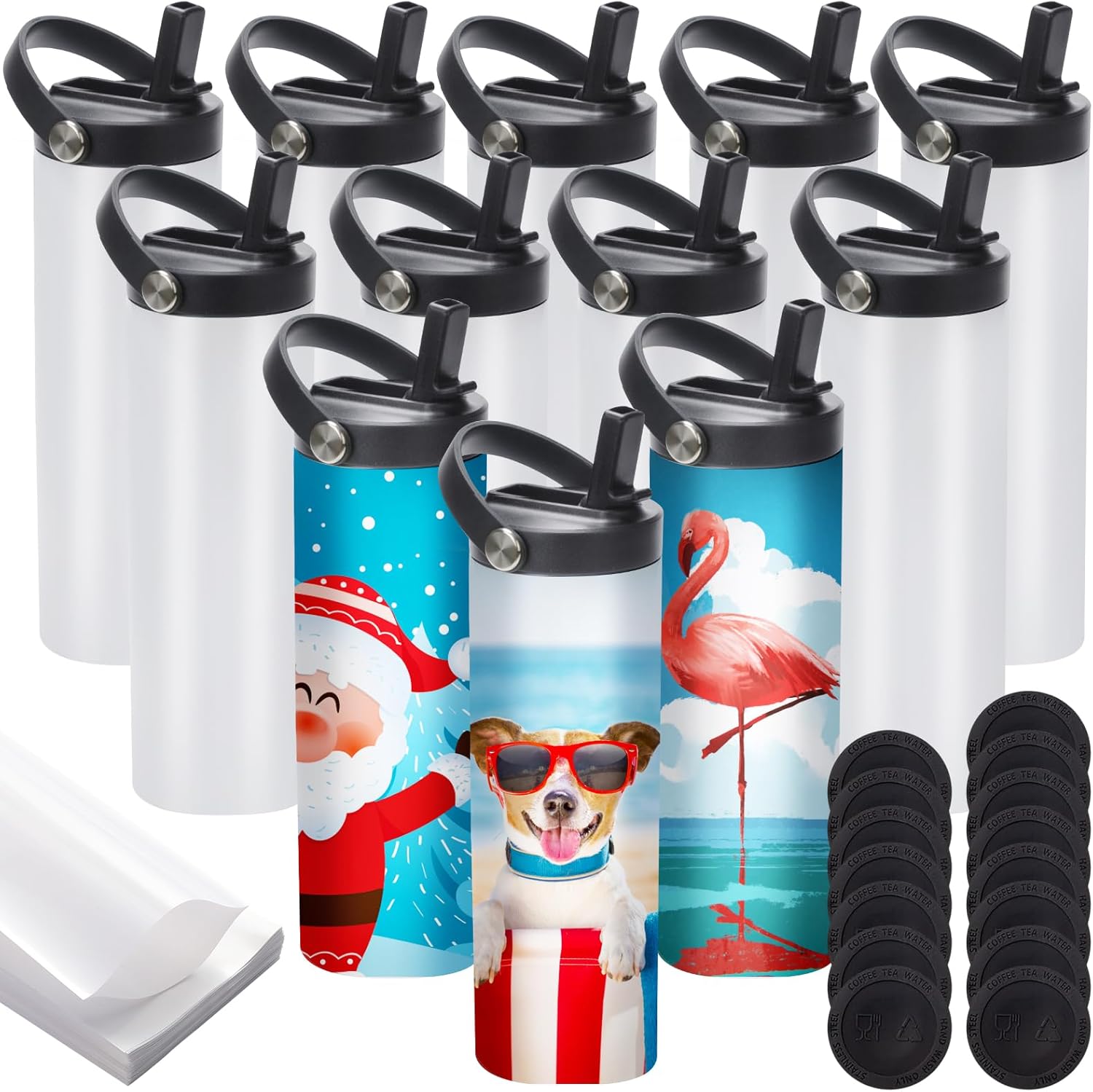 12 Pack Sublimation Tumblers Flat Edge Blanks Skinny Straight 20 oz, Stainless Steel Double Wall Insulated Sublimation Water Bottles with Portable Handle & Straw Lids for Heat Transfer, White