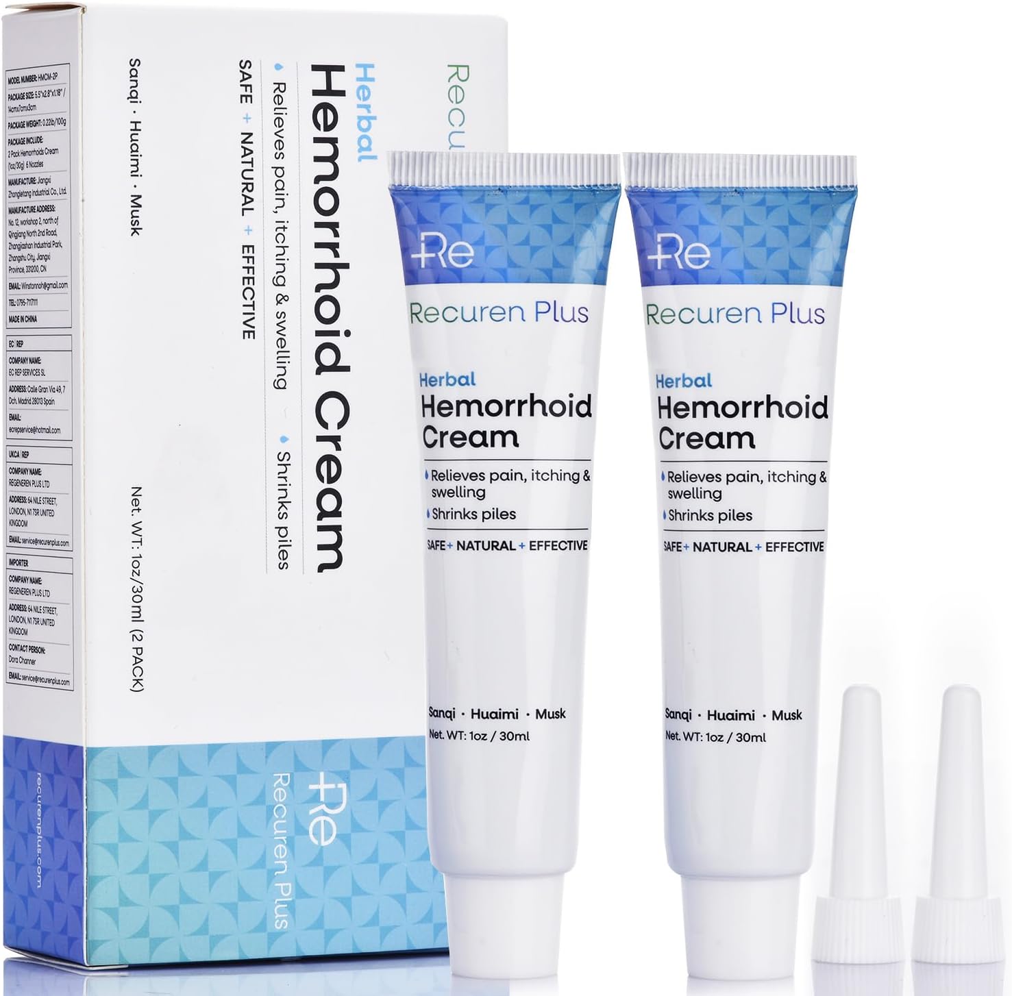 Recuren Plus Hemorrhoids Treatment Hemorrhoid & Fissure Cream Fast Acting Hemorrhoid Cream and Healing Formula for Itching Swelling Bleeding Burning and Maximum Pain Relief 30g, 2 Pack