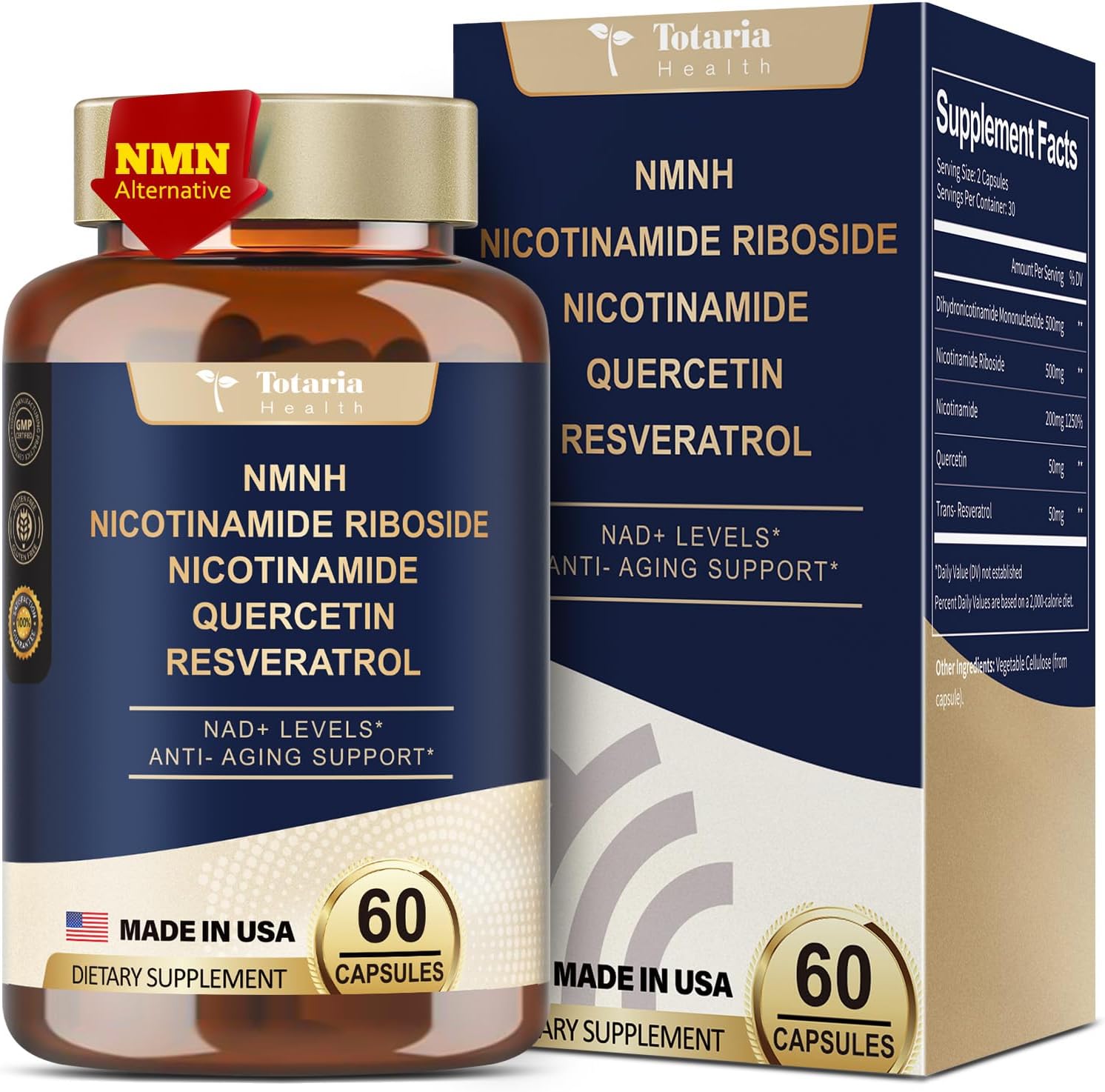 NMNH (NAD or NMN Alternative Supplement) (Dihydronicotinamide Mononucleotide) Ultra Strength, NAD+ Support w/NR, Resveratrol & Quercetin, Ultra Absorption for Anti-Aging, Vegan, USA Made