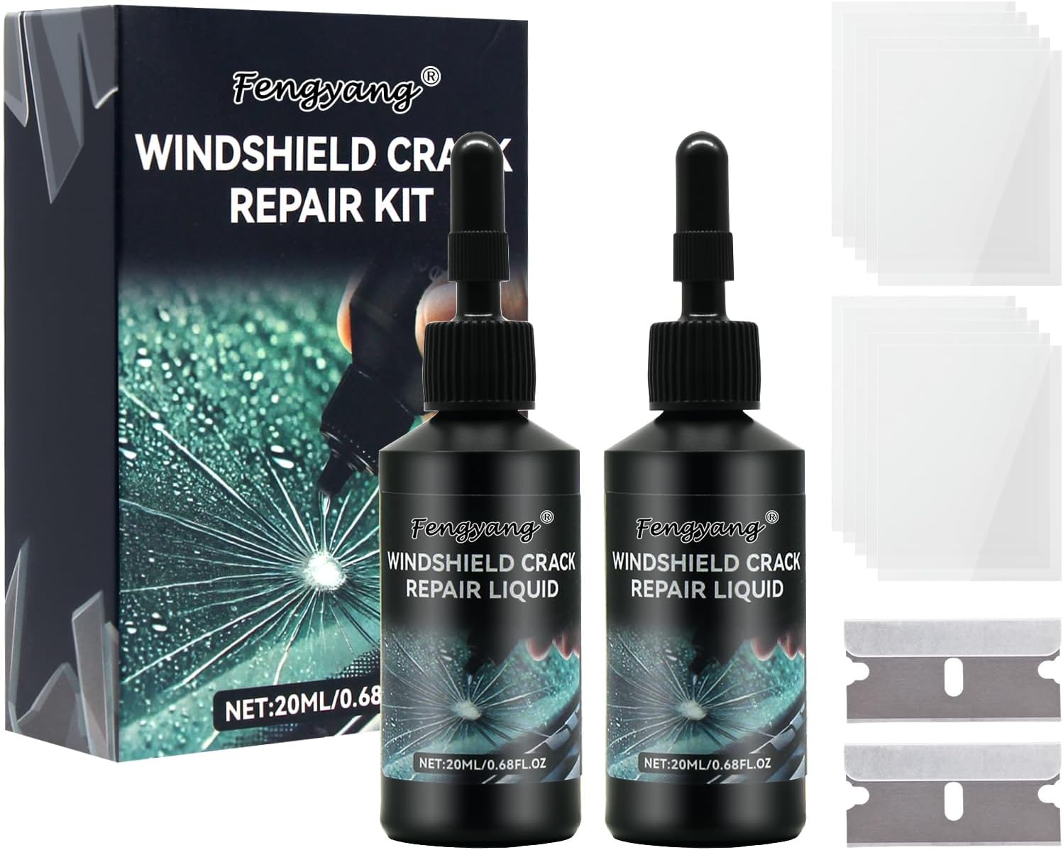 Fengyang®Windscreen Repair Kit,Cracked Glass Repair Kit,Glass Repair Kit,Automotive Windshield Tool Repair Liquid for Windscreens/Windows/Mirrors,All Crack Types Windscreen Repair Kit (2PCS)