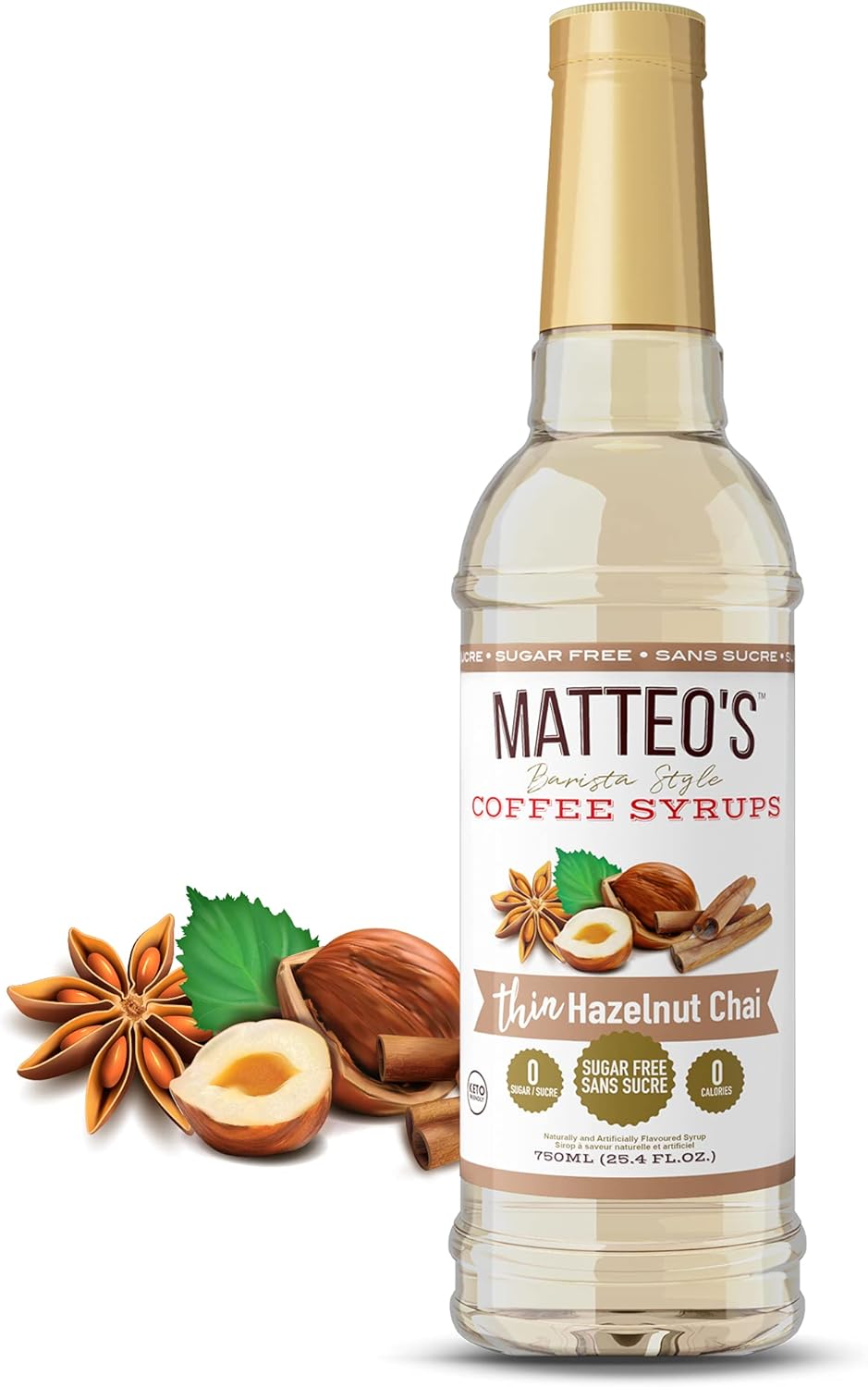 Matteo's Sugar Free Coffee Flavoring Syrup, Hazelnut Chai, Delicious Coffee Syrup, 0 Calories, 0 Sugar coffee syrups, Hazelnut Chai, 750 ml, 1-Pack