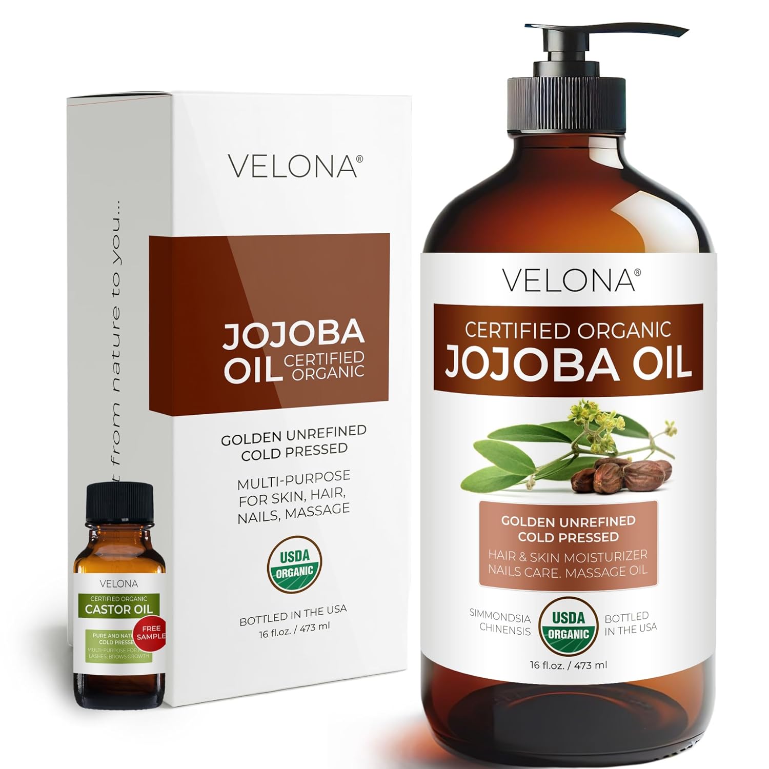 velona Jojoba Oil USDA Certified Organic - 16 Fl Oz in Glass Bottle | 100% Pure and Natural | Golden, Unrefined, Cold Pressed, Hexane Free | Moisturizing Face, Hair, Body, Skin Care