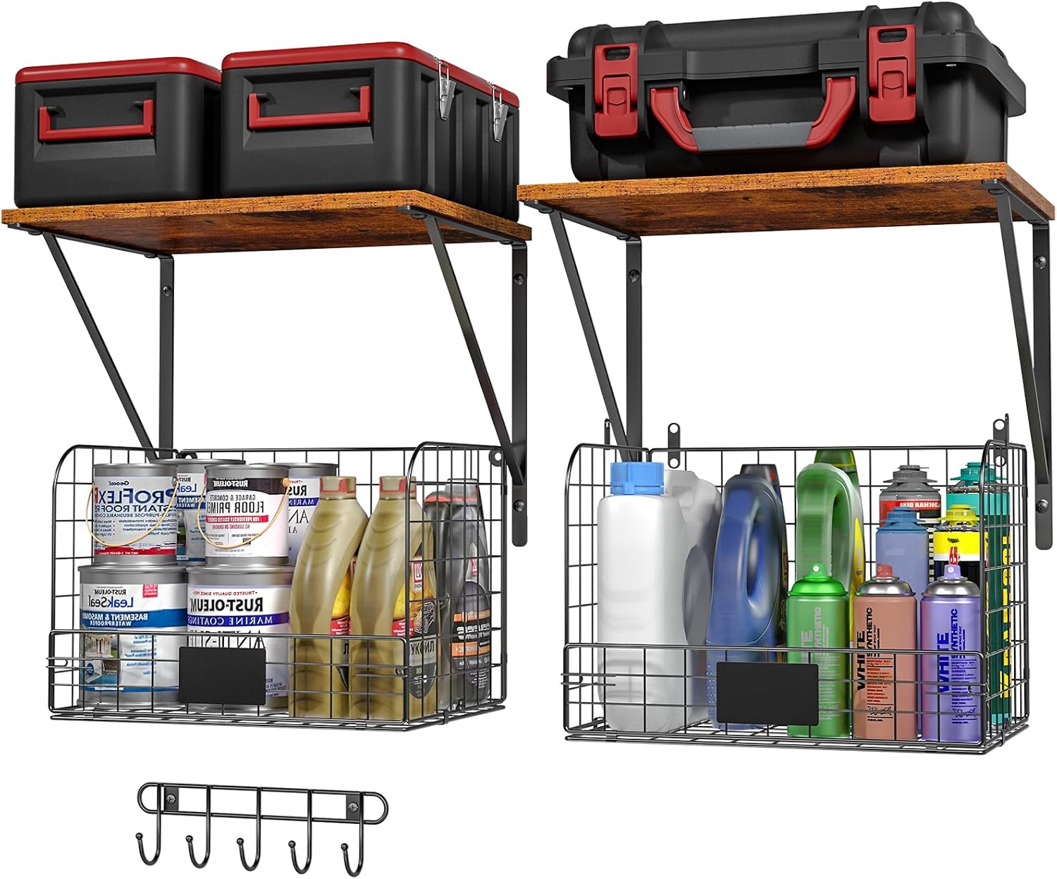 ThreeHio 2 Pack Garage Shelves Wall Mounted with Wire Storage baskets, Heavy Duty Garage Wall Shelving with Hooks, Wooden floating shelves Tool Organizer for Home Garden Garage Organizers and Storage