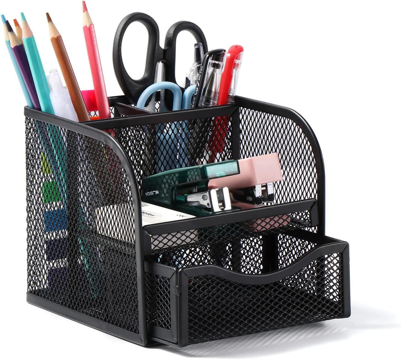 Vinabo Desk Organiser, Metal Mesh Pen Holder, Stationary Organiser with 4 Sorting Compartments, Compact Pencil Pot with Sliding Drawer for Stationery, Home, School, Desk Accessories