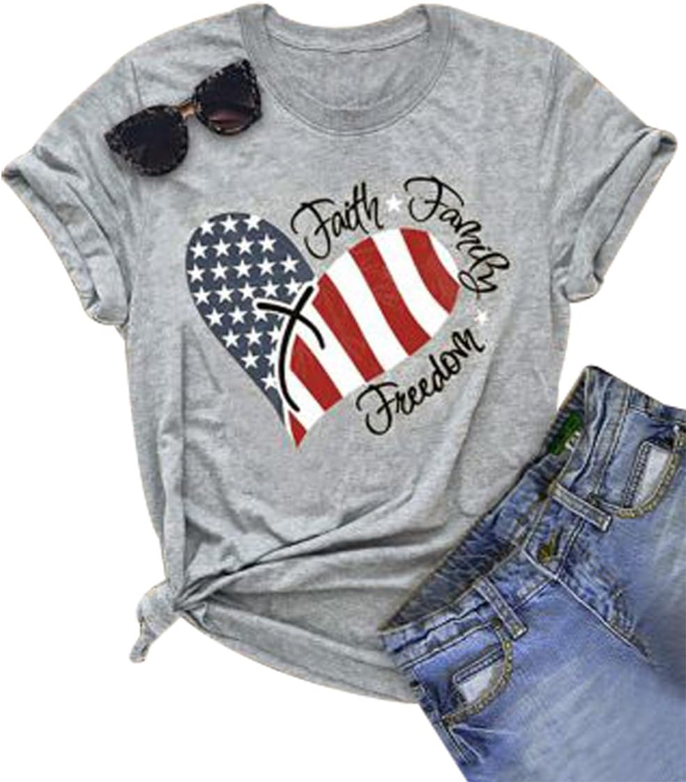 4th of July Shirts Women Faith Family Freedom Tshirt American Flag T Shirts Star Stripes Patriotic Shirts Top