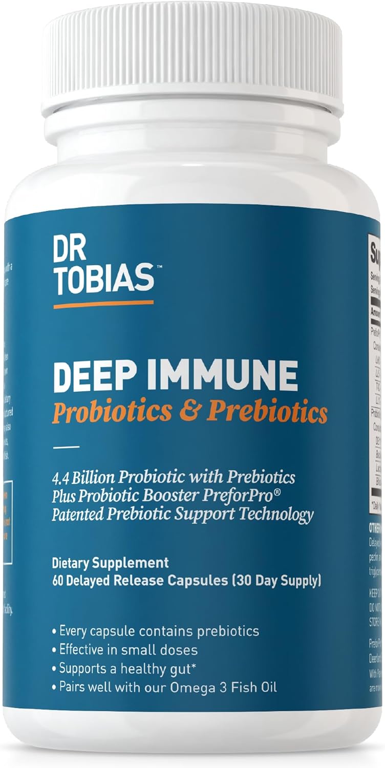 Dr. Tobias Deep Immune Probiotics & Prebiotics, Dual Action Digestion & Immune Support with PreforPro Prebiotics & Delayed Release Spore Forming Probiotics for Women & Men, 60 Capsules, 30 Servings