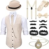 SATINIOR 1920s Mens Costume Roaring Costumes Outfit with 20s Gangster Vest Hat Pocket Watch Suspenders