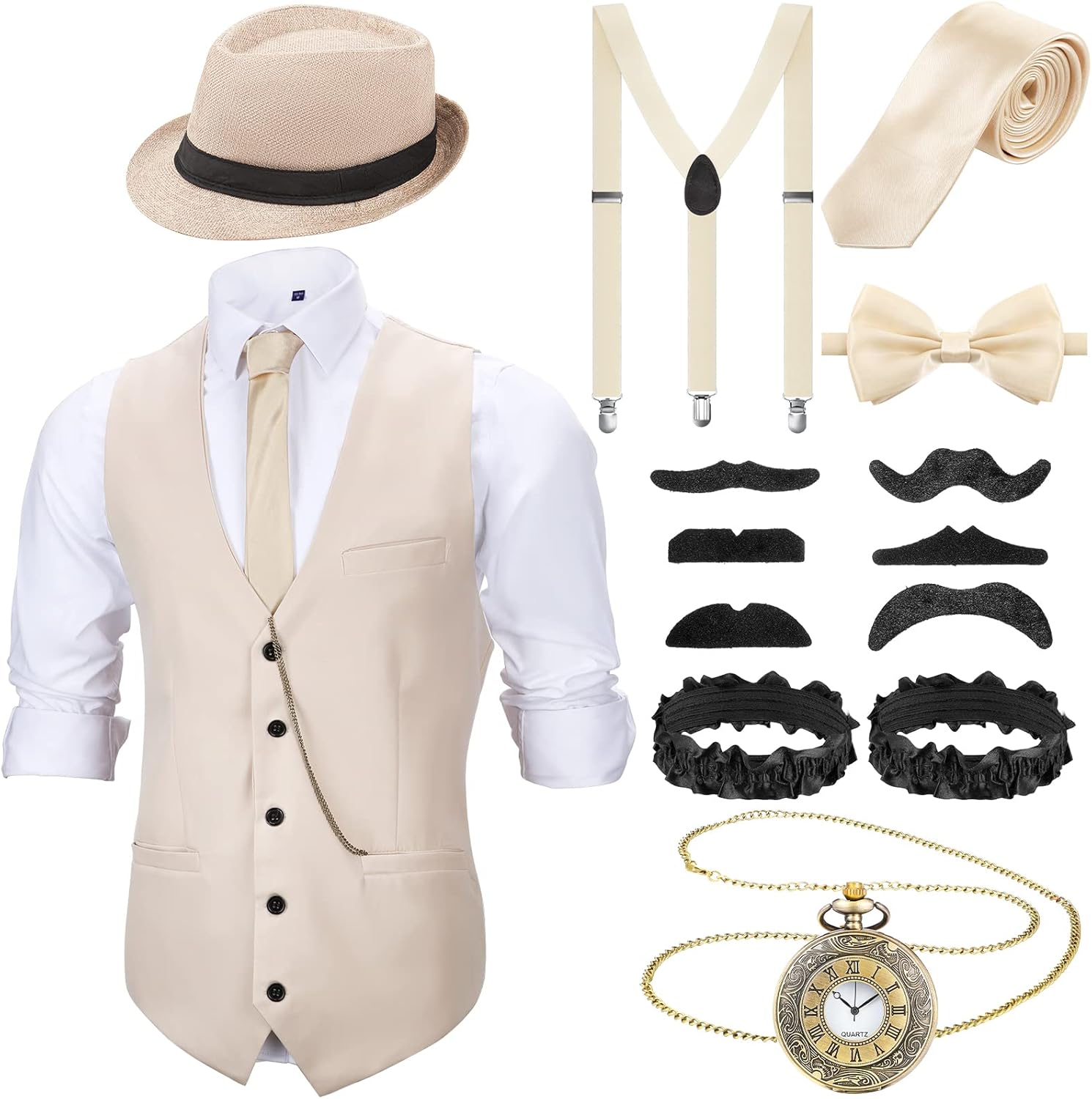 SATINIOR 1920s Mens Costume Roaring Costumes Outfit with 20s Gangster Vest Hat Pocket Watch Suspenders