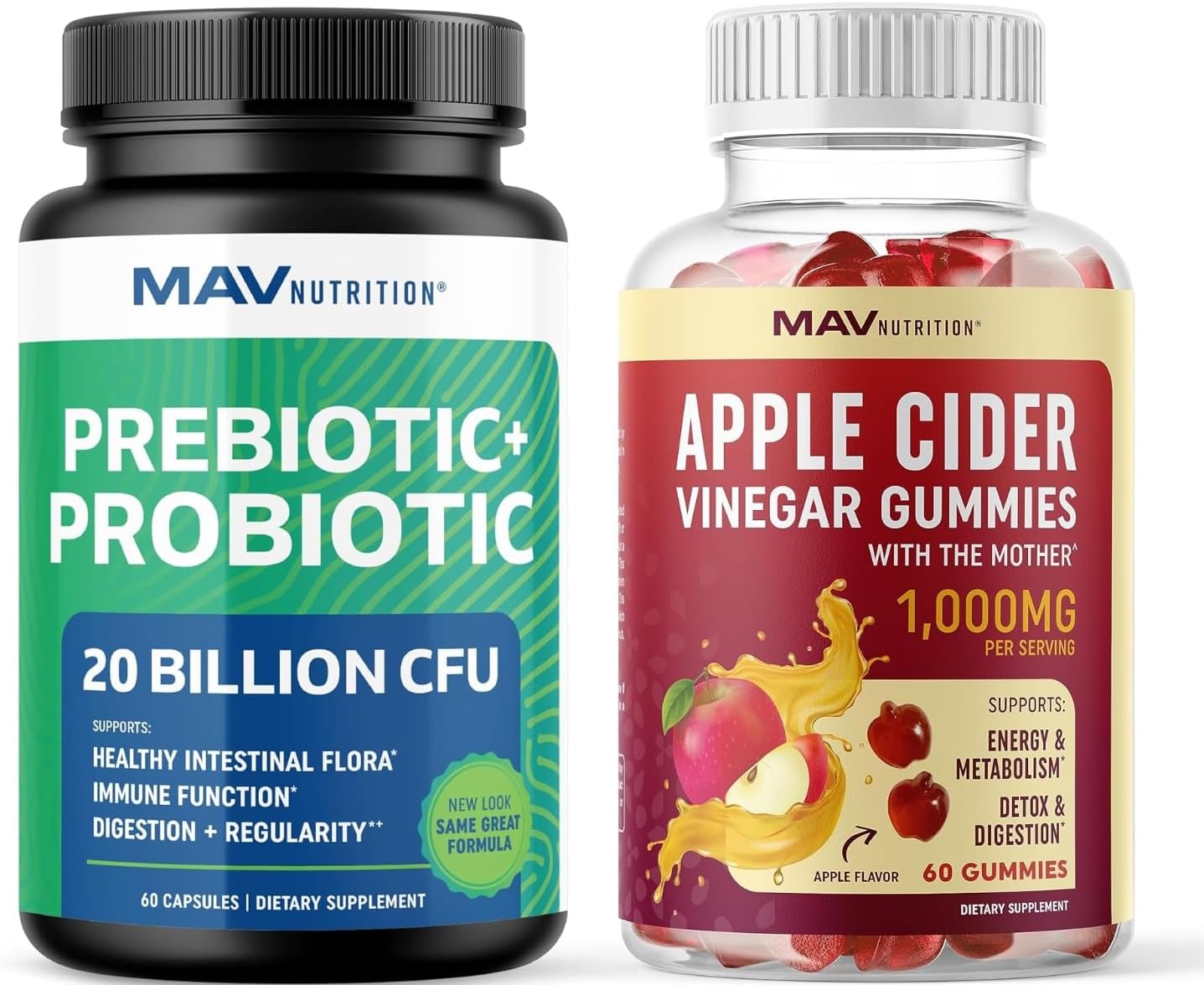 MAV NUTRITION Apple Cider Vinegar Gummies and Probiotic & Prebiotic Capsules | Gut Health Bundle for Beauty Detox and Digestive Health Support | Comprehensive Digestive Wellness with ACV & Prebiotics