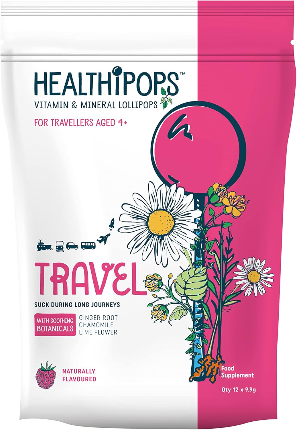 Healthipops Vitamin & Mineral Lollipops Travel Suitable for Ages 4+ with Added Soothing Botanicals, Ginger Root, Chamomile and Lime Flower, Raspberry Flavour 12 Lollipops