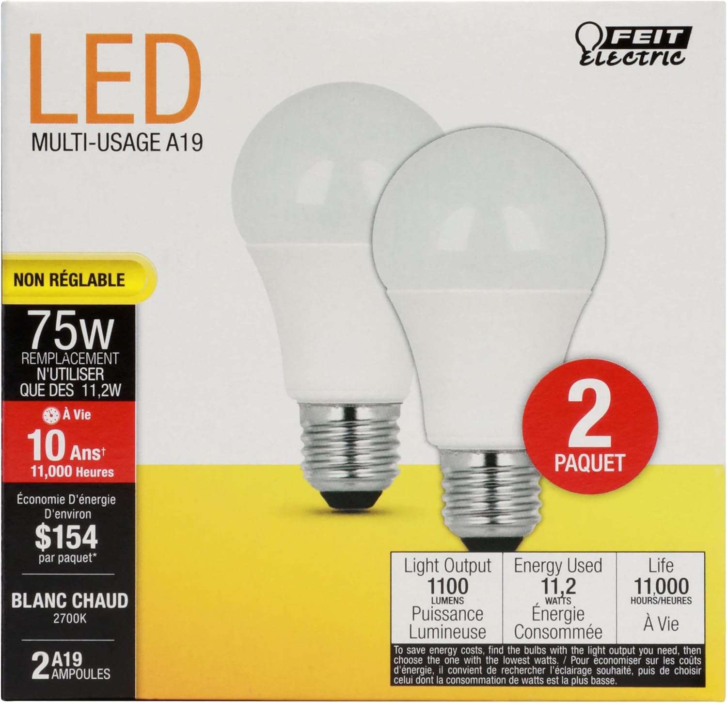 Feit Electric A19 LED Light Bulbs, 75W Equivalent, Non Dimmable, 1100 Lumens, E26 Standard Base, 2700k Soft White, 80 CRI, 10 Year Lifetime, Energy Efficient, 2 Pack, A1100/827/10KLED/2