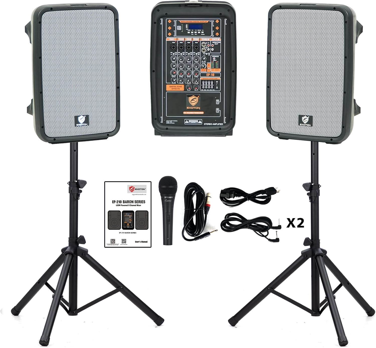 EXOTON 10inch PA System with 8-Channel Mixer,Portable 600W Bluetooth Speakers,USB/SD/FM/5-band EQ, Includes 2 Speaker Stands/Mic/48V Phantom Power,for Indoor&Outdoor