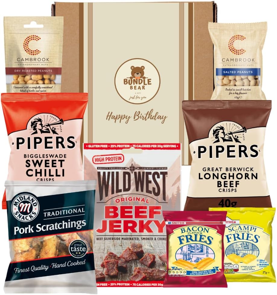 Pub Snacks Hamper for Men - Savoury Snack Gift Box with Beef Jerky, Pork Scratchings, Pipers Crisps, Cambrook Nuts, and More | Gift Box for Men & Happy Birthday Gift (Happy Birthday)