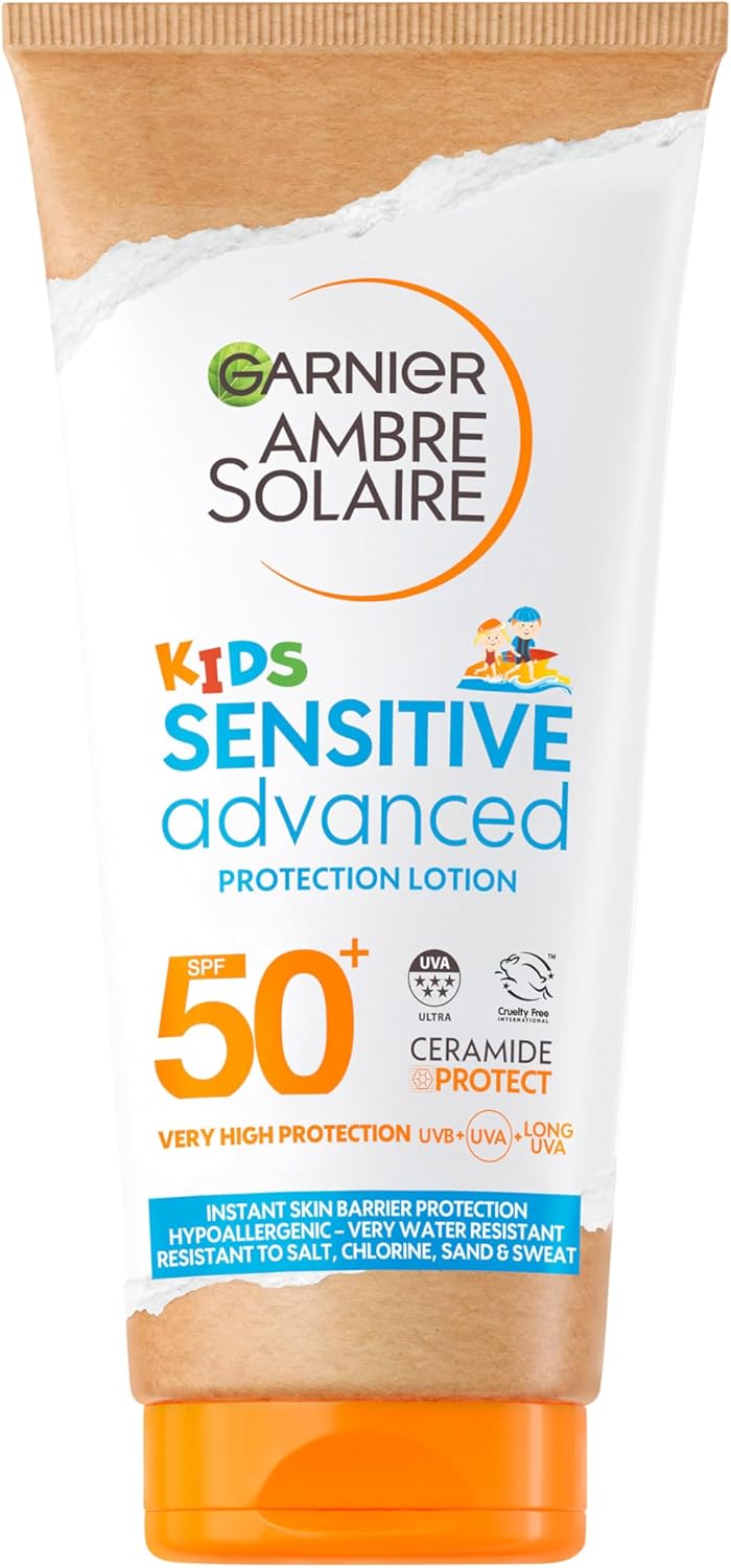 Garnier Ambre Solaire SPF 50+ Sensitive Advanced Kids Sun Cream, High Protection Against UVA & UVB, Non-Sticky Water-Resistant Sunscreen, for Face & Body, Approved by Cruelty Free International, 175ml