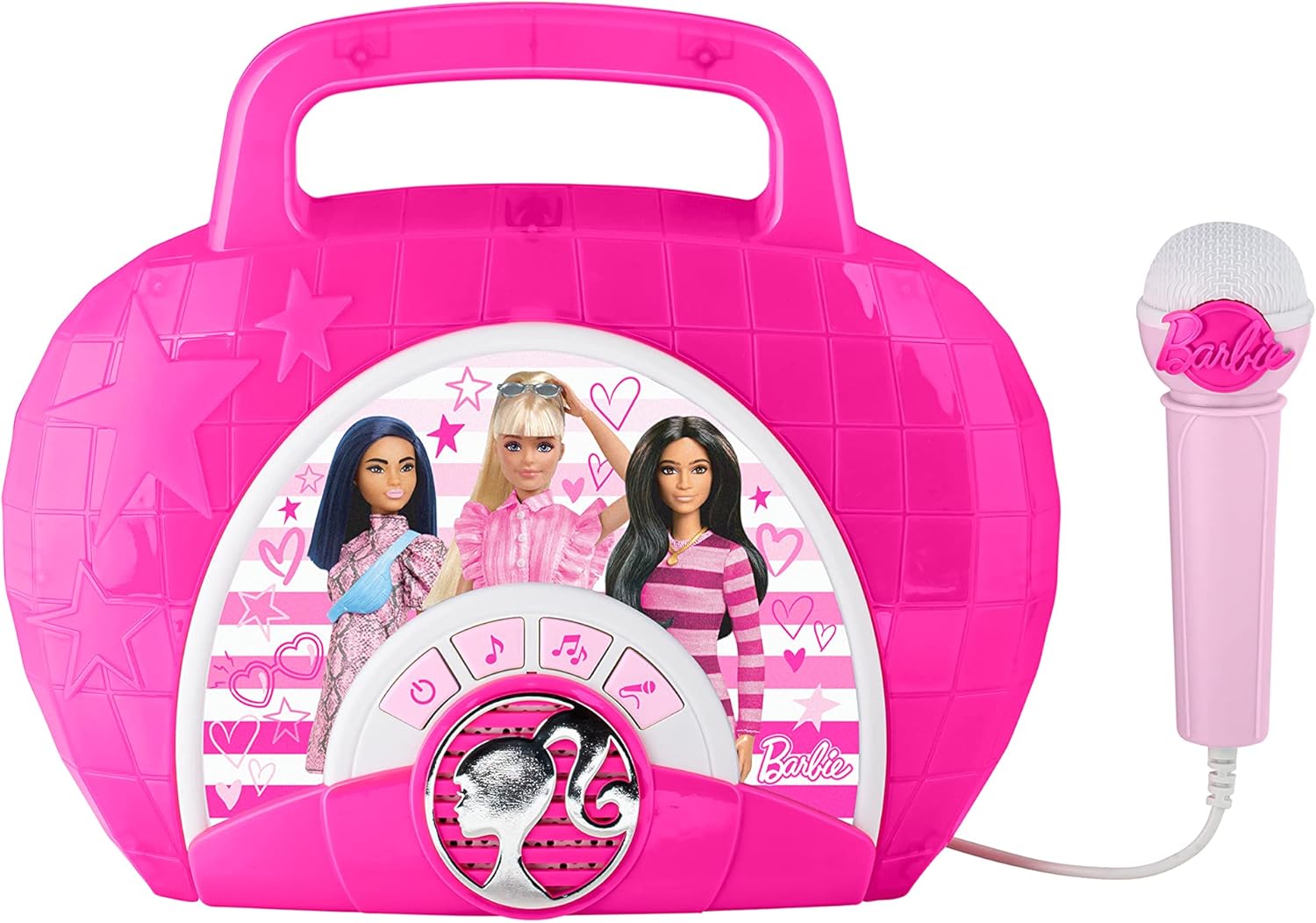 eKids Barbie Sing Along Boombox with Microphone, Built in Music, Flashing Lights, Real Working Mic for Kids Karaoke Machine, Connects Mp3 Player Aux in Audio Device