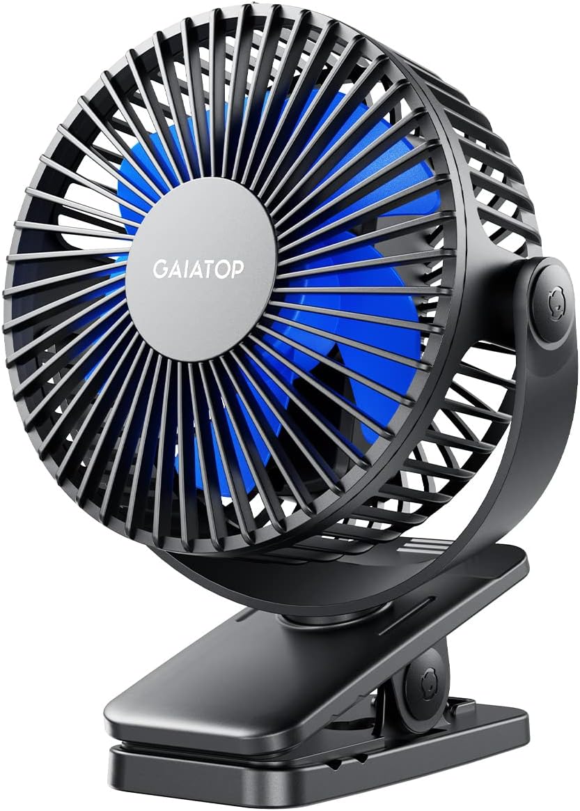 gaiatop Portable Clip on Fan Battery Operated, Small Powerful USB Desk Fan, 3 Speed Quiet Rechargeable Mini Table Fan, 360° Rotate Personal Cooling Fan for Home Office Stroller Camping Black Blue