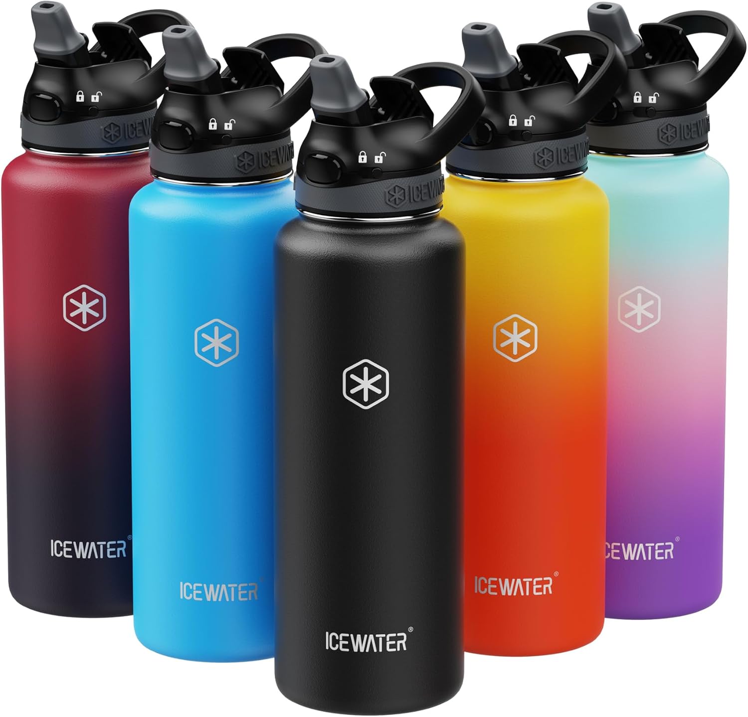 ICEWATER - 40 oz Insulated Water Bottle With Automatic Straw and Carrying Handle, Leakproof Lockable Lid with Soft Rubber Nozzle, One-hand Operation, Vacuum Stainless Steel, BPA-Free (Black)