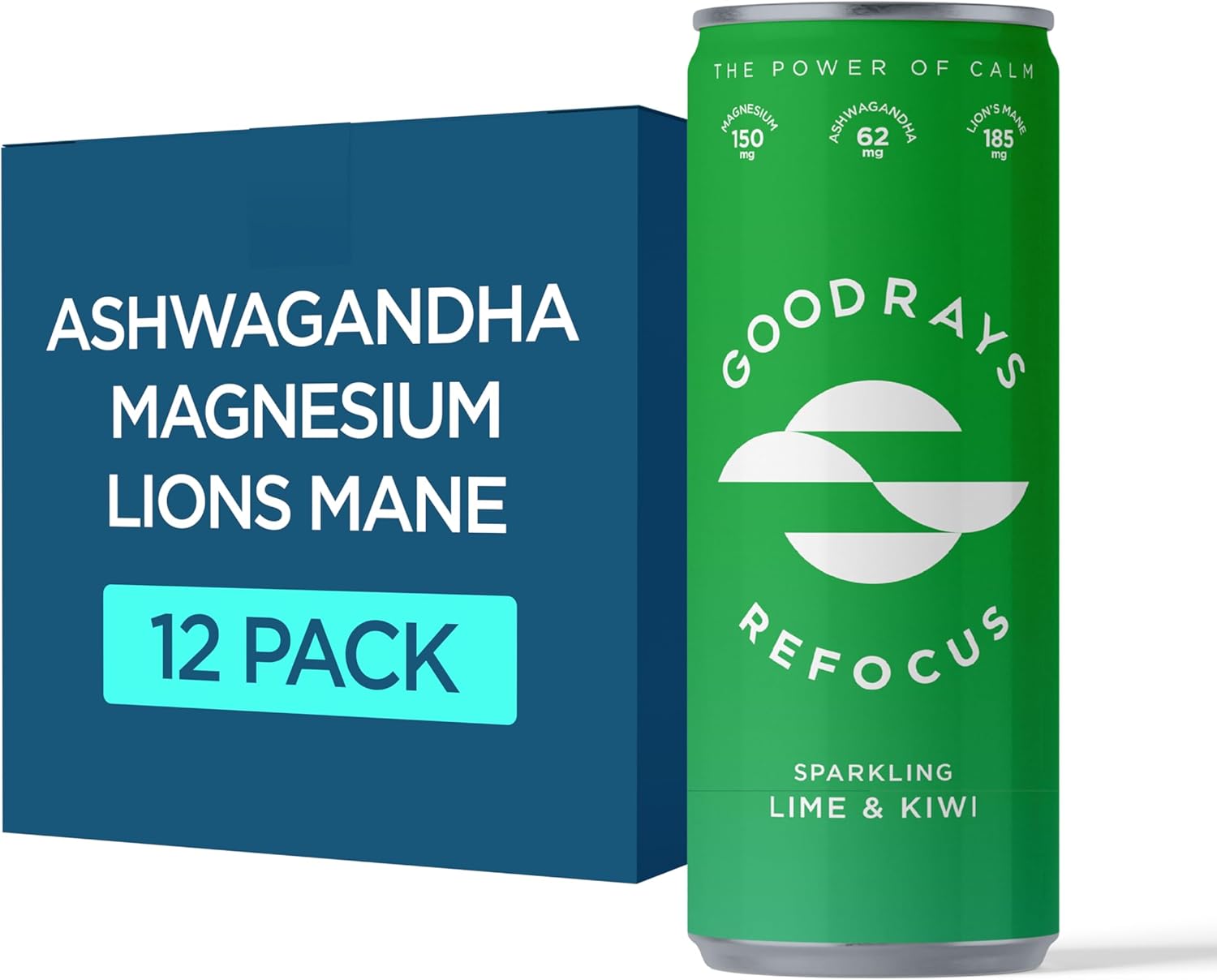 Goodrays Refocus, Sparkling Functional Drink with Magnesium Citrate, Lion's Mane Mushroom, Ashwagandha and Vitamin D, Low Calorie, Lime & Kiwi, 12 x 250ml