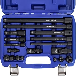 WORKPRO 18-Pieces Drive Tool Accessory Set, Includes Socket Adapters, Socket Extension Bar, Swivel Universal Joints and Impact Coupler, 1/4", 3/8" & 1/2" Drive