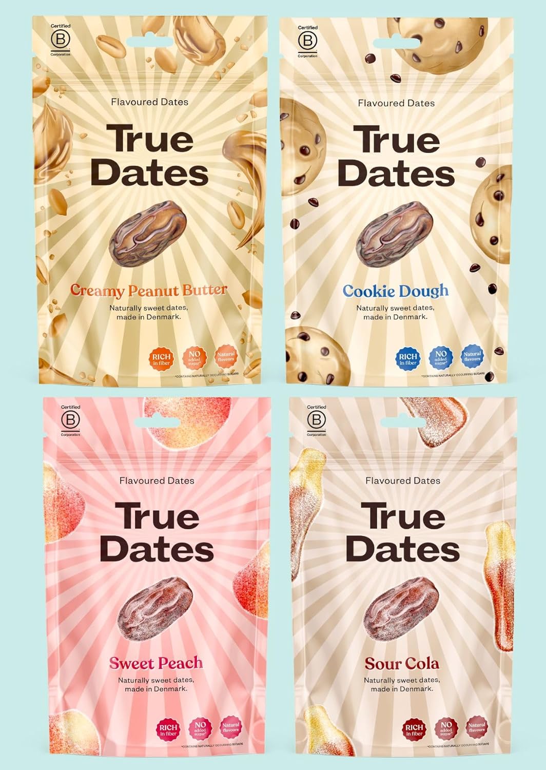 True Dates - MIXED 4 Flavours | Sour Cola, Sweet Peach, Creamy Peanut Butter, Cookie Dough | naturally flavoured sweet dates | No added sugar, Vegan, Palm Oil Free | 4x100 g