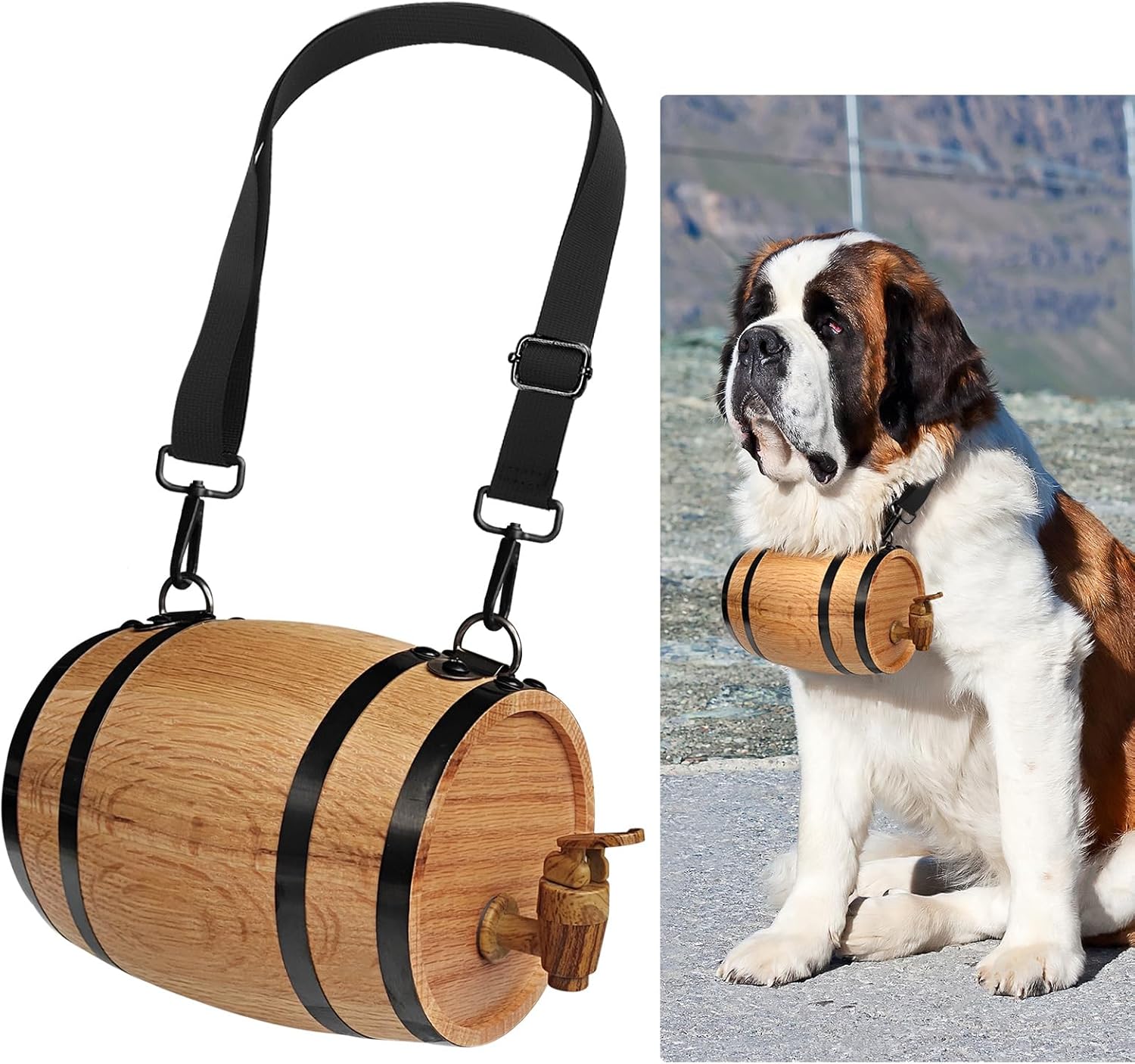 St Bernard Rescue Barrel Collar for Medium & Large Dogs, 500ml Mini Keg with Adjustable Hoops, Saint Bernard Whiskey Barrel Collar for Pet Accessories