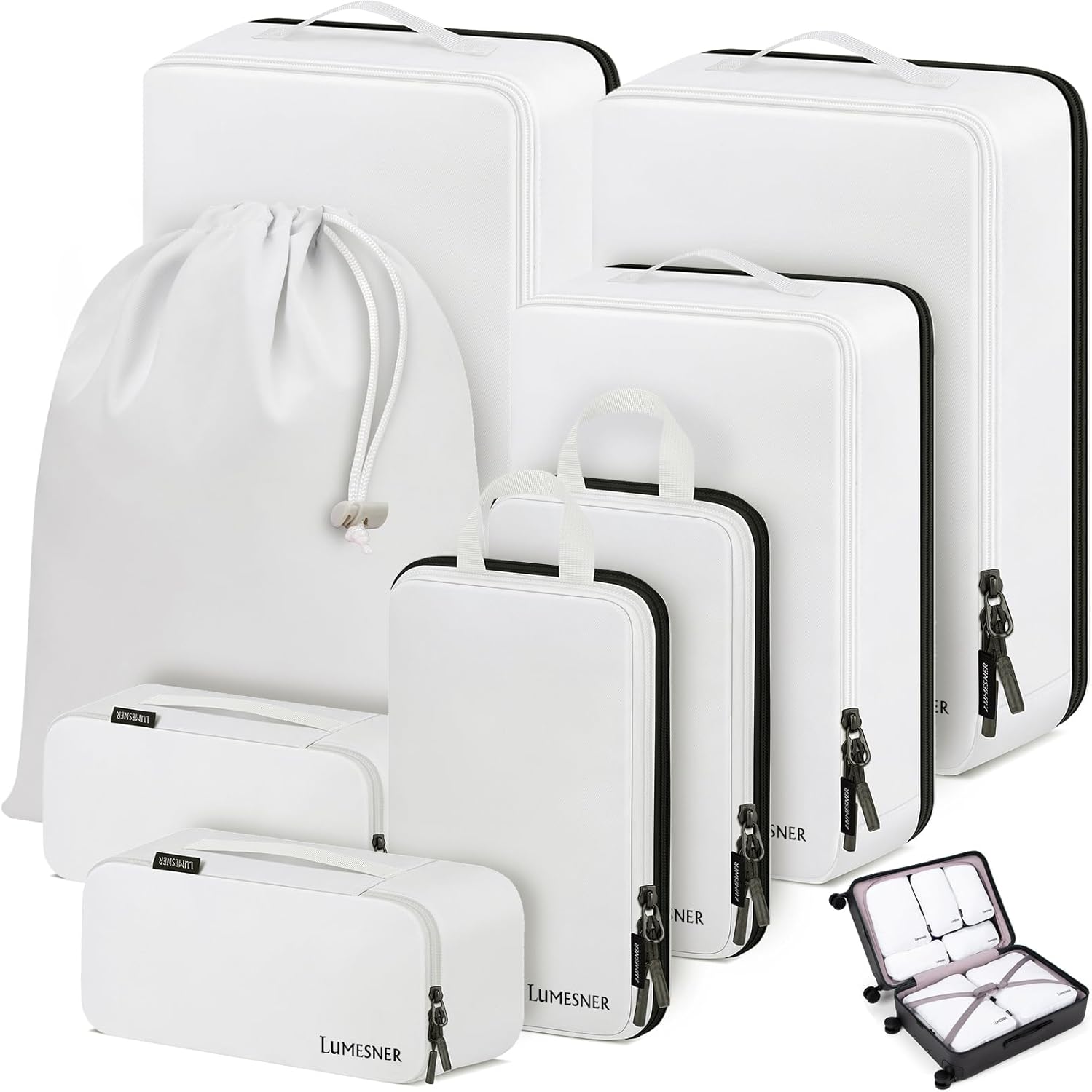 Compression Packing Cubes, Lumesner 8 Set Travel Packing Cubes for Carry on Suitcases, Compression Suitcase Organizers Bag Set & Travel Cubes (8-piece, White)