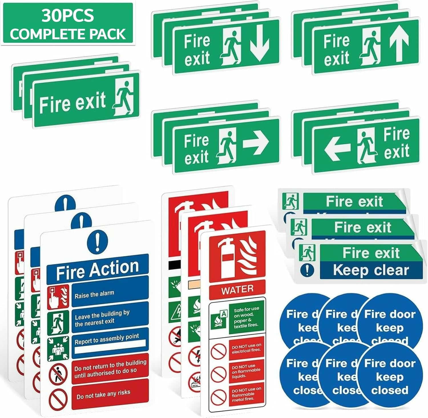 Rubigo 30PK/58PK Fire Exit Signs (RIGHT, LEFT, UP, DOWN ARROW) Keep Clear, 30 X 10cm Fire Action Notice, Extinguisher Signs, Keep Shut, Self Adhesive Vinyl Sticker, Emergency Exit Door, Signage (30pk)