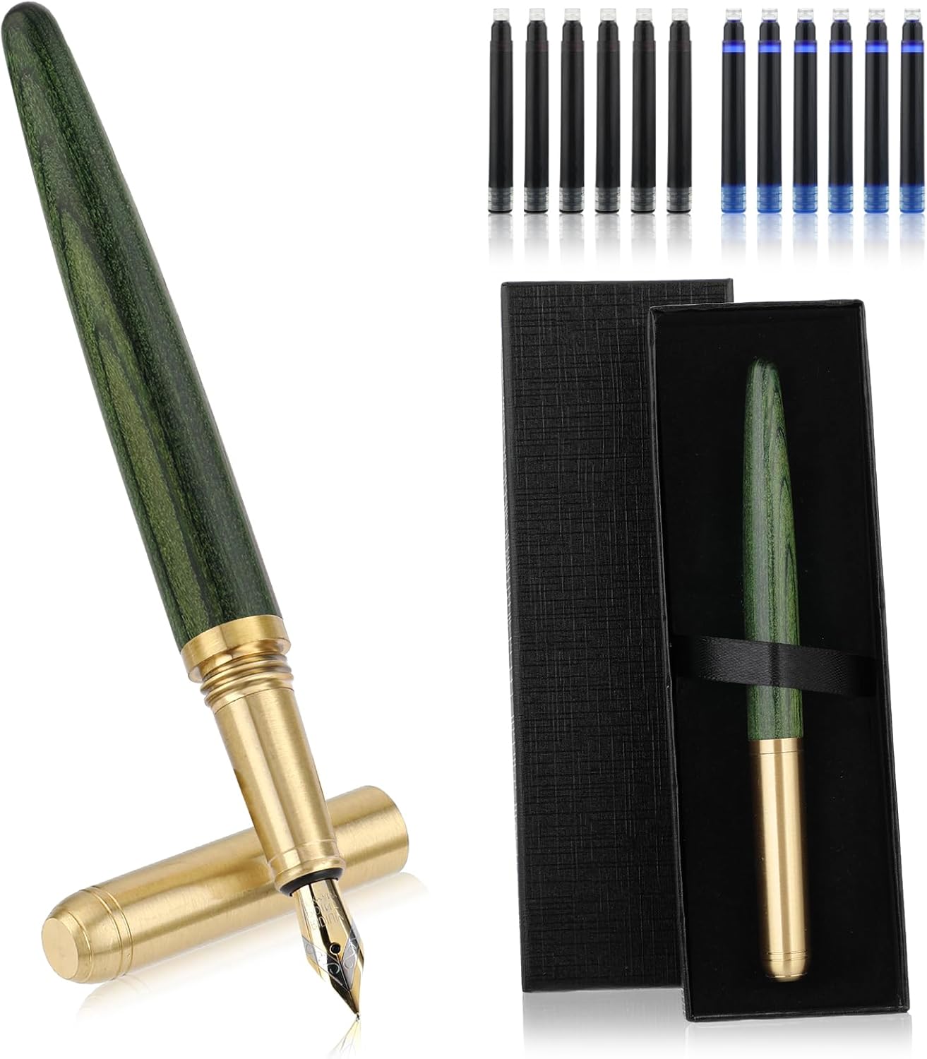 Luxury Wooden Fountain Pens Set, Fine Nib Wood Fountain Pen Vintage Wooden Pen with 12 2.6 mm Ink Cartridges and Gift Box for Journaling Business Office Supplies(D)