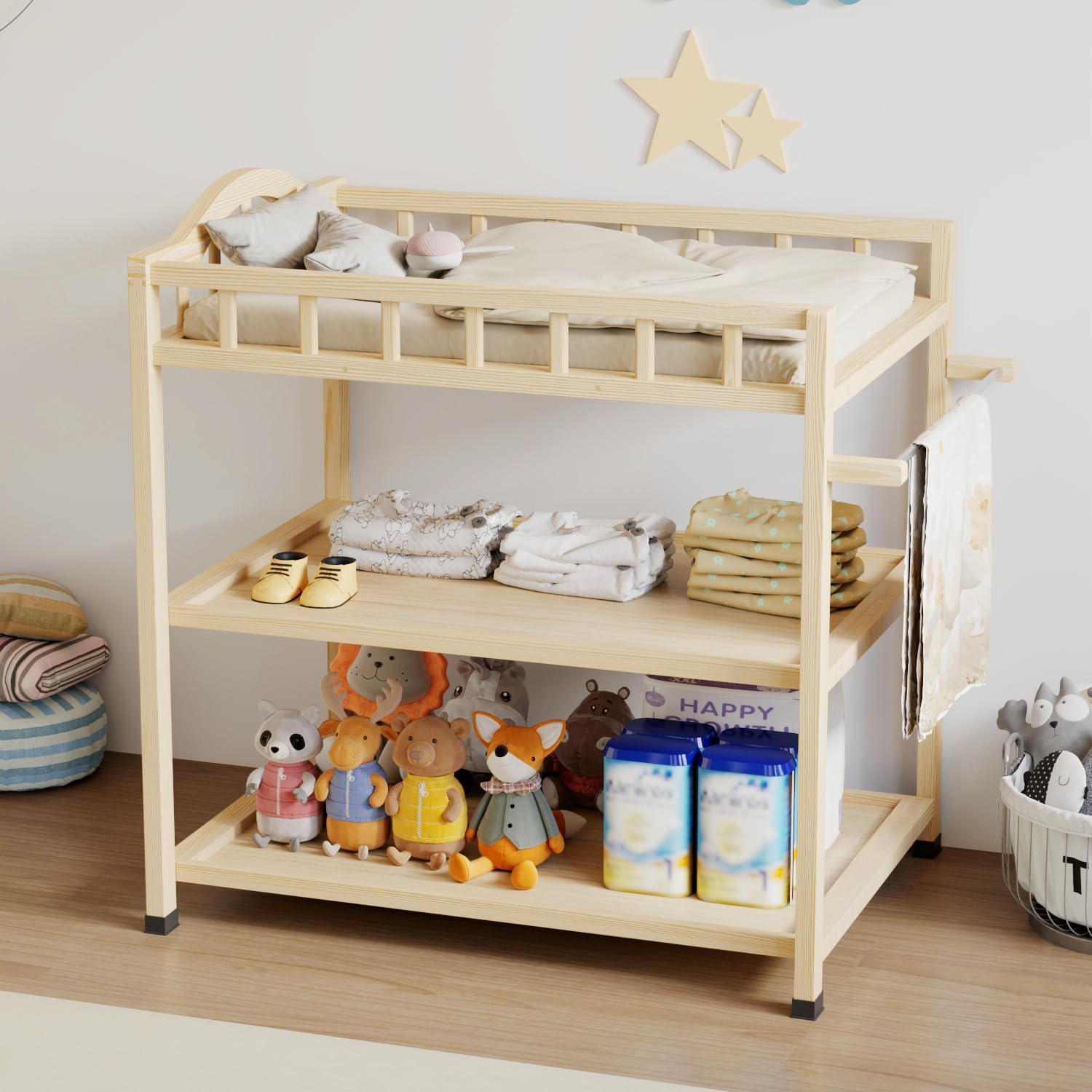 Infant Changing Table in Natural, Solid Wood Structure with Weight Capacity Up to 30LBS, Portable Changing Station for Baby Nursery, New Zealand Pinewood