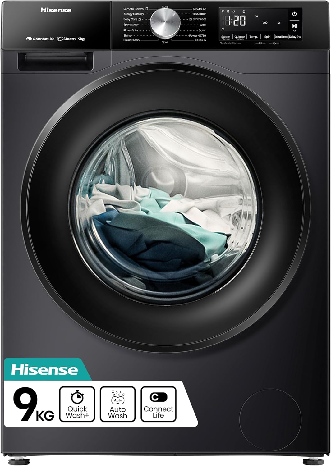 Hisense 3S WiFi Series WF3S9043BB3 9 KG Front Load Washing Machine Durable Inverter, Steam Wash, Quick Wash, 19 Programmes 1400 RPM - Black Energy Rating A