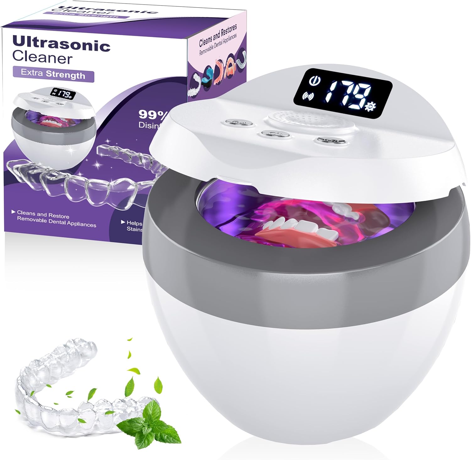 Retainer Cleaner, Trueocity Ultrasonic Cleaner for Denture, Aligner, Mouth Guard, Whitening Trays, 45kHz UV Denture Cleaner for All Dental Appliances, 200ML Portable Aligner Cleaner