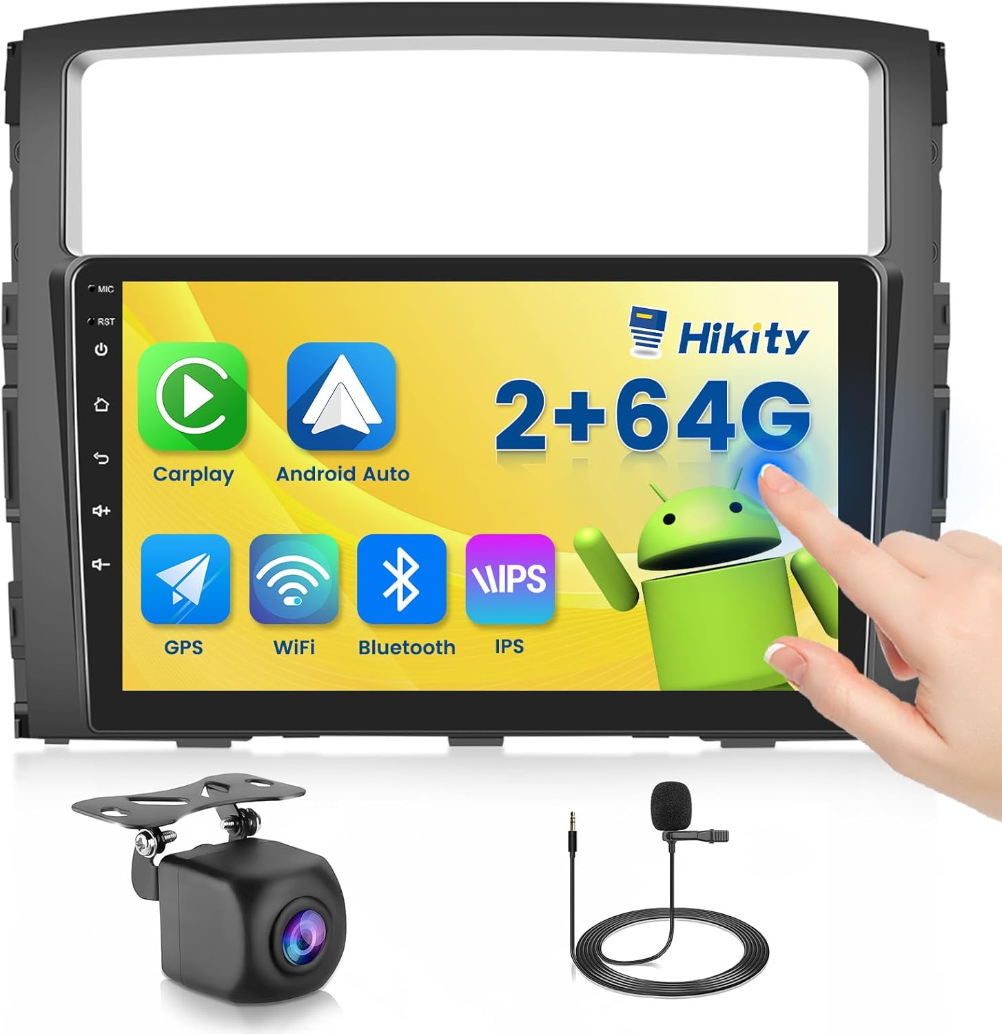Hikity 2+64GB Android 13 Carplay Stereo for Mitsubishi Pajero 4 V80 V90 2006-2020 with Wireless Carplay Android Auto Mirror Link, 9 Inch Touchscreen Radio GPS WiFi Bluetooth FM RDS MIC Backup Camera