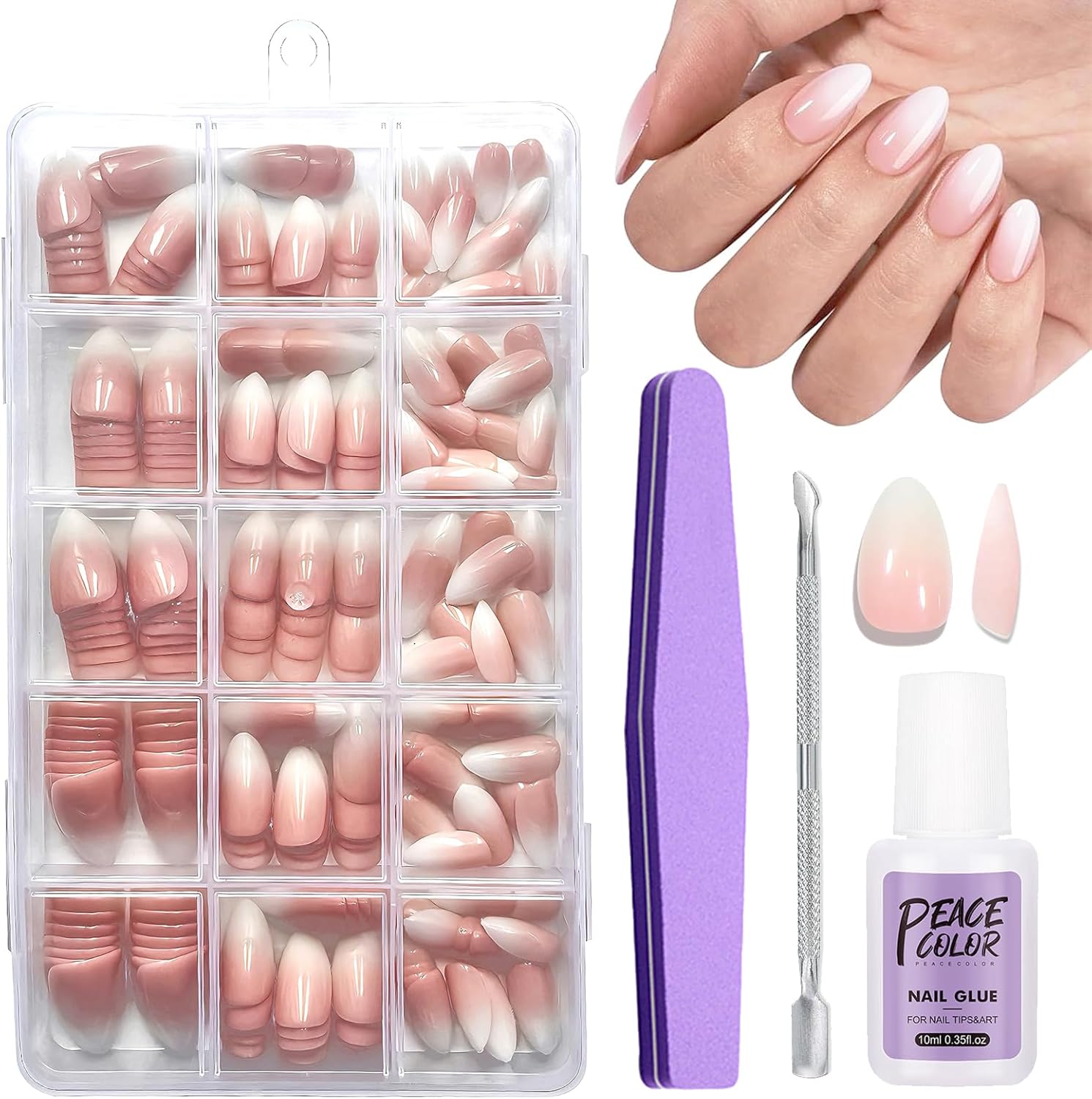 EONFAVE Almond False Nail Tips Kit - 240pcs Gradient Pink White False Nails - 15 Sizes French Tip Fake Nails with Glue - Stick on Nails for Women - Soak Off Acrylic Nails for Nail Extensions DIY