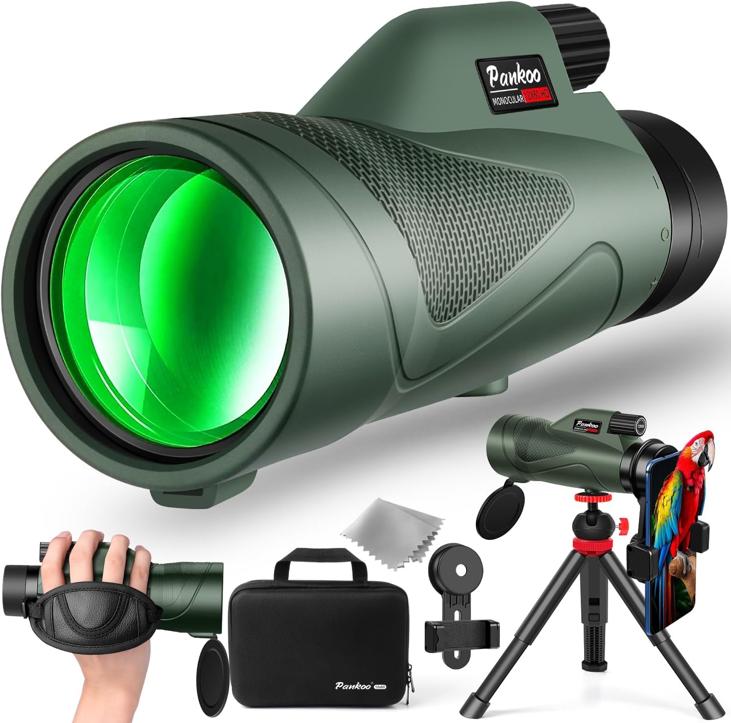12x60 HD Monocular Telescope for Adults with Smartphone Adapter Tripod Hand Strap - High Power Monoculars Equipped with Large BAK4 Prism & FMC Lens - Suitable for Bird Watching Sports Hiking Traveling