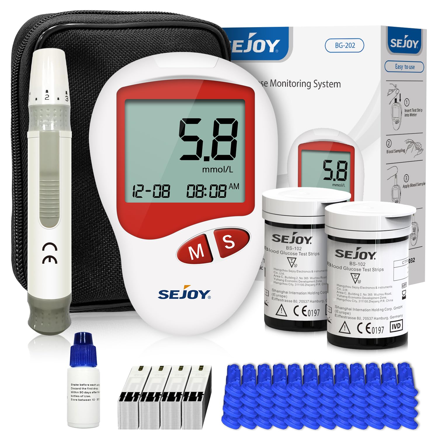 Sejoy Blood Sugar Monitor, Blood Sugar Test Kit 50 Strips, Blood Sugar Monitor nhs approved uk, Glucose Monitor, Blood Glucose Monitors Monitor with Test Strips x 50 and Lancets x 50
